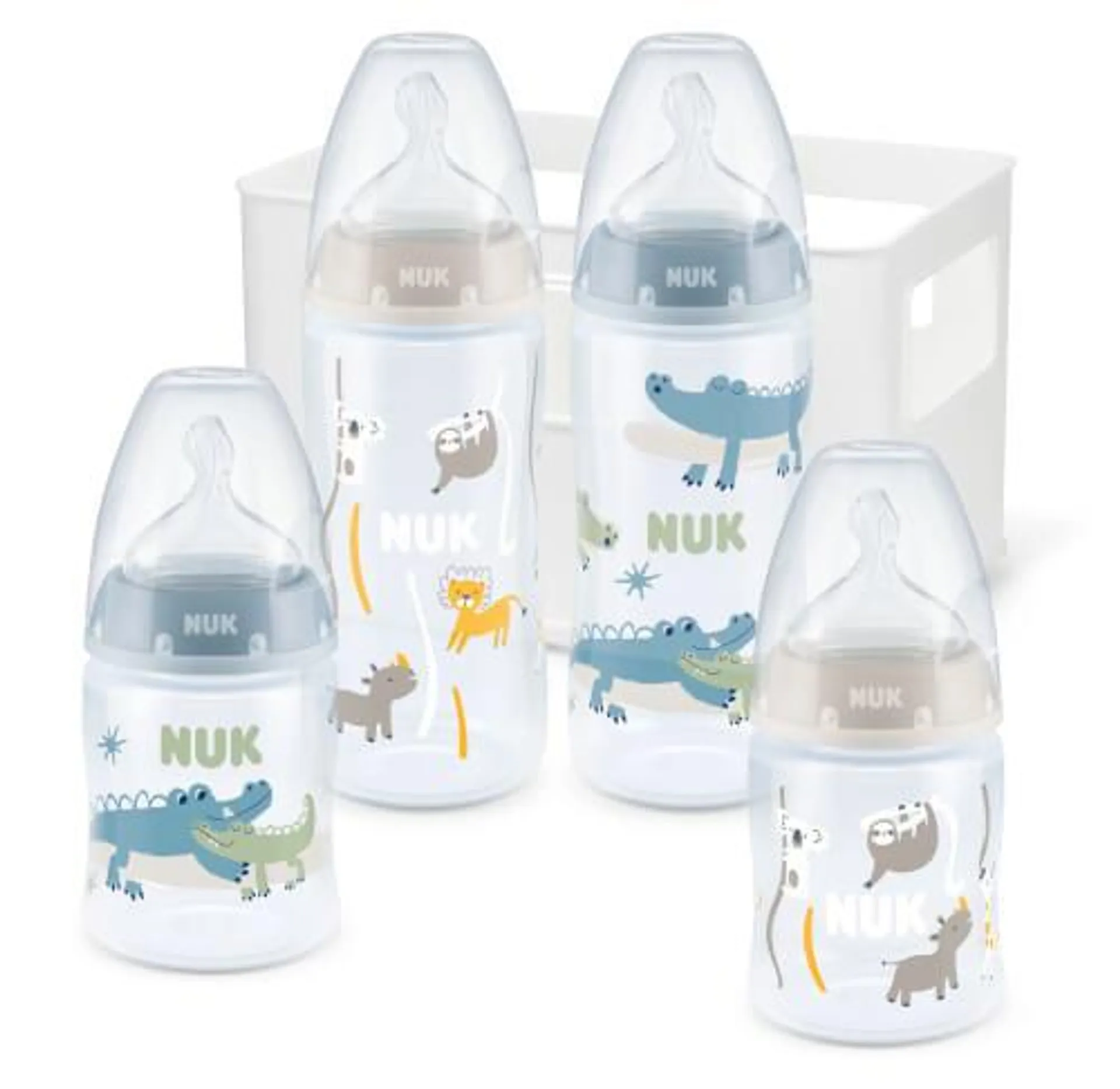 NUK First Choice+ Starter Set mit Temperature Control, FlaschenBox mit 4 BabyFlaschen, 0-6 Monate, BPA frei, blau & beig