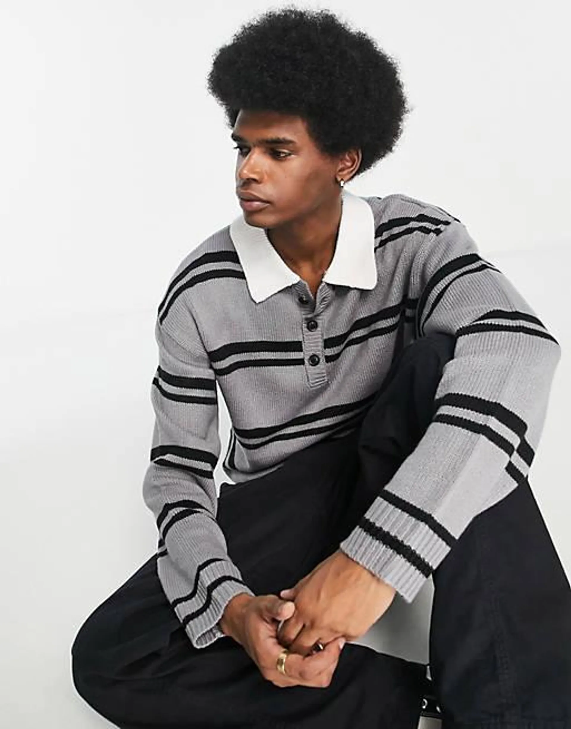COLLUSION knitted striped polo in grey and black