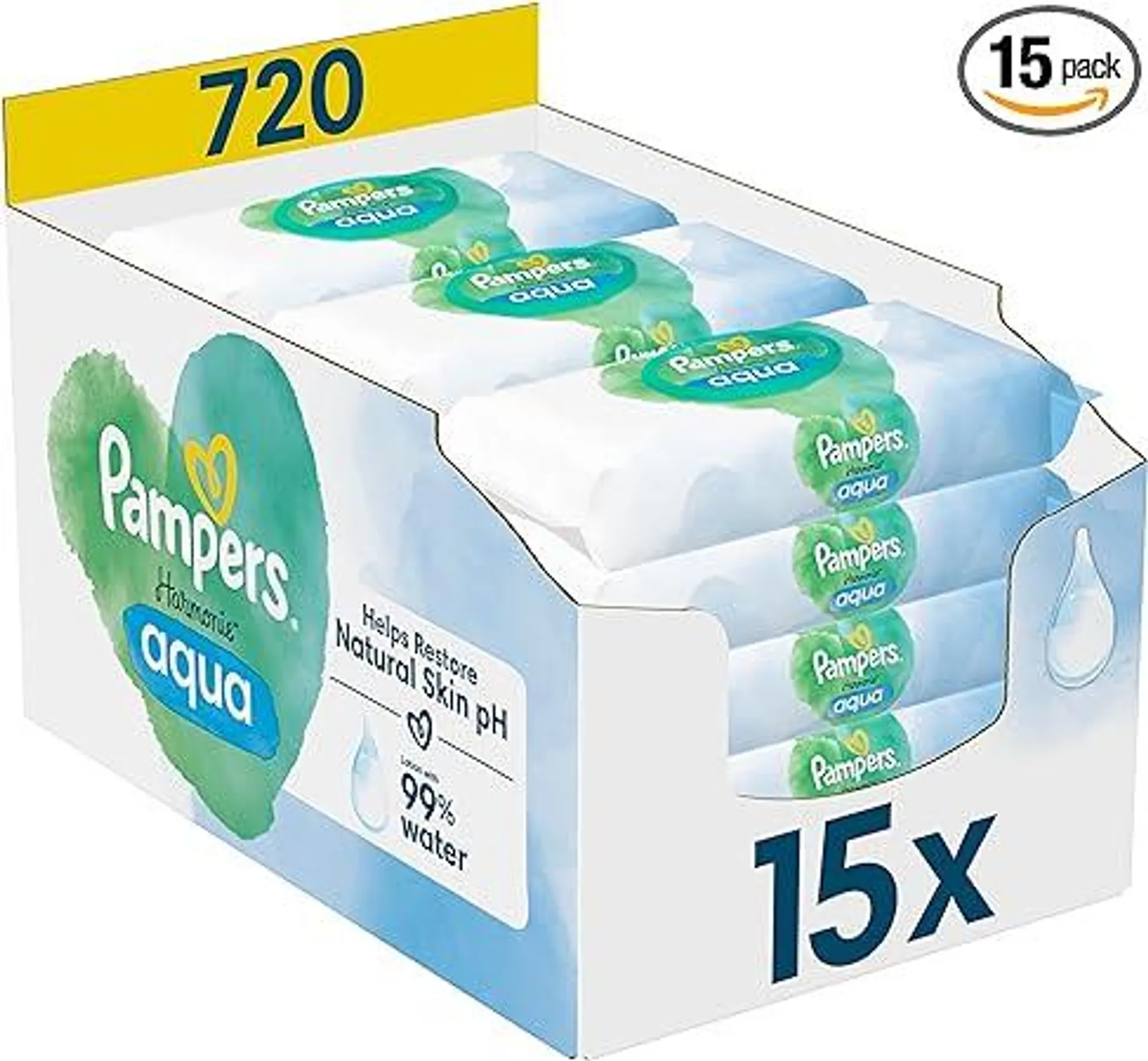 Pampers Harmonie Aqua Baby Feuchttücher Box, 720 Tücher (15 x 48), sanfter Hautschutz für zarte Haut mit 99% Wasser