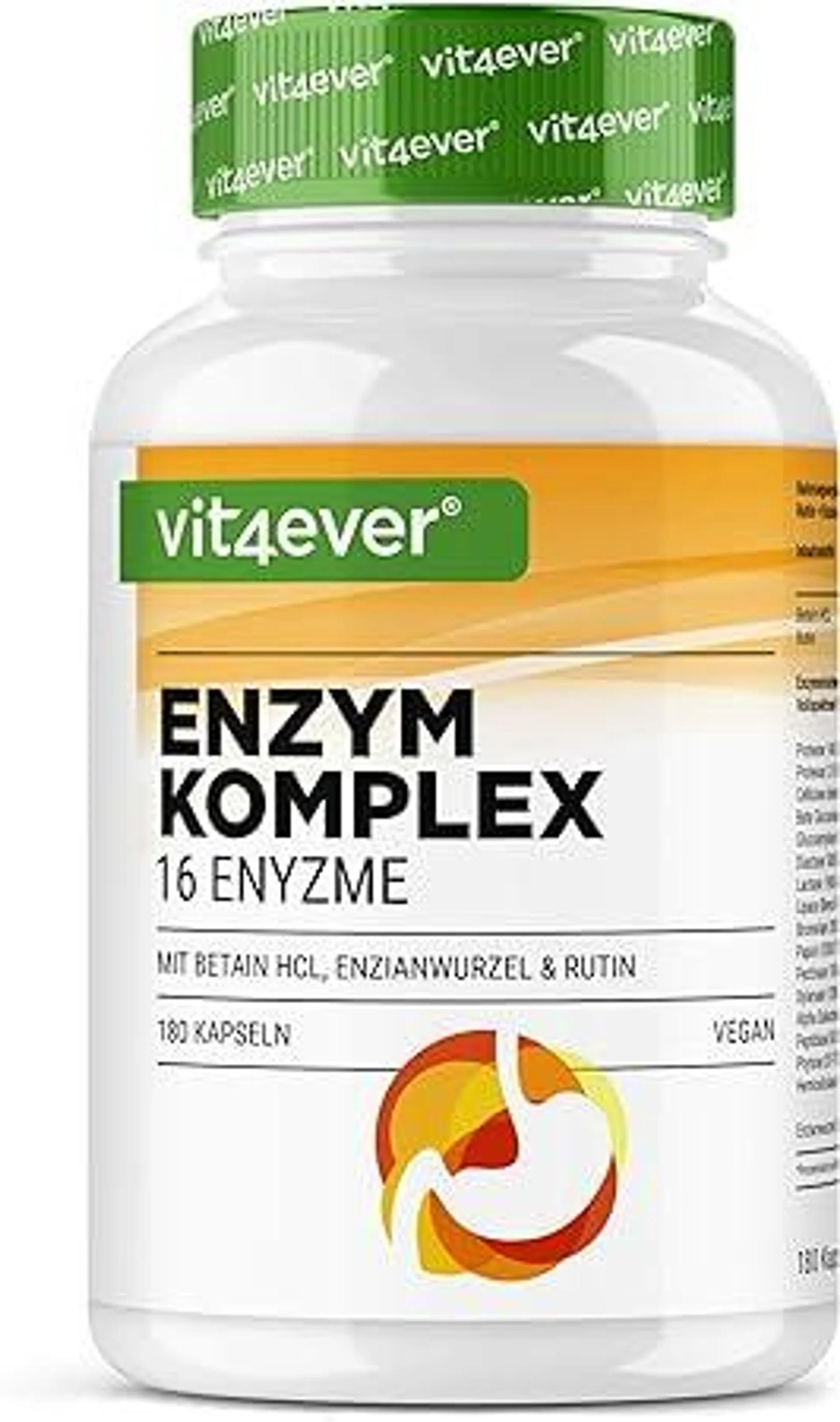 Verdauungsenzyme - 180 Kapseln mit 16 Enzyme plus Betain HCL, Rutin & Enzianwurzel - Mit Bromelain, Papain, Amylase, Lipase, Protease, Laktase - Vegan - Hochdosiert