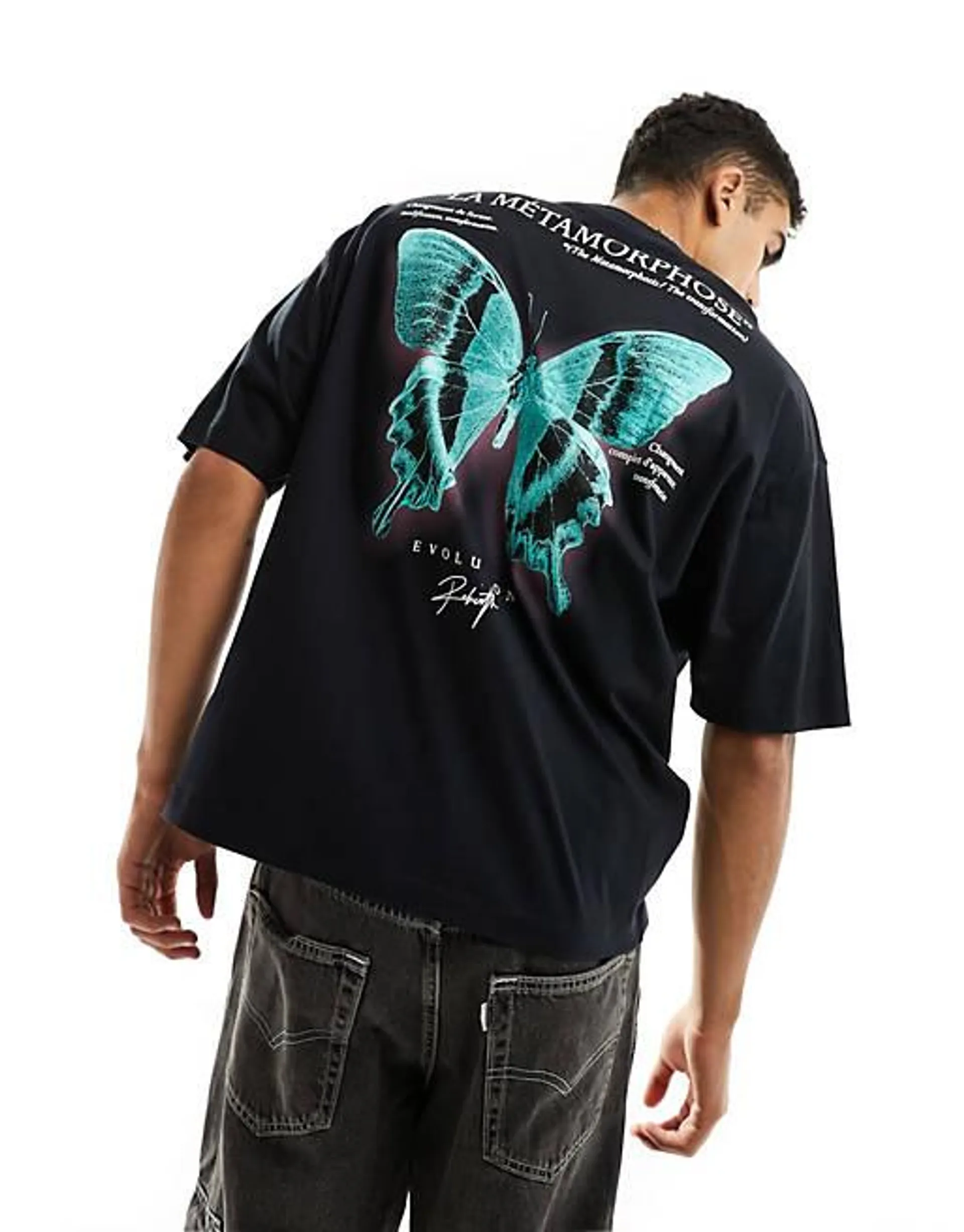 ASOS DESIGN oversized t-shirt in black with photographic butterfly back print