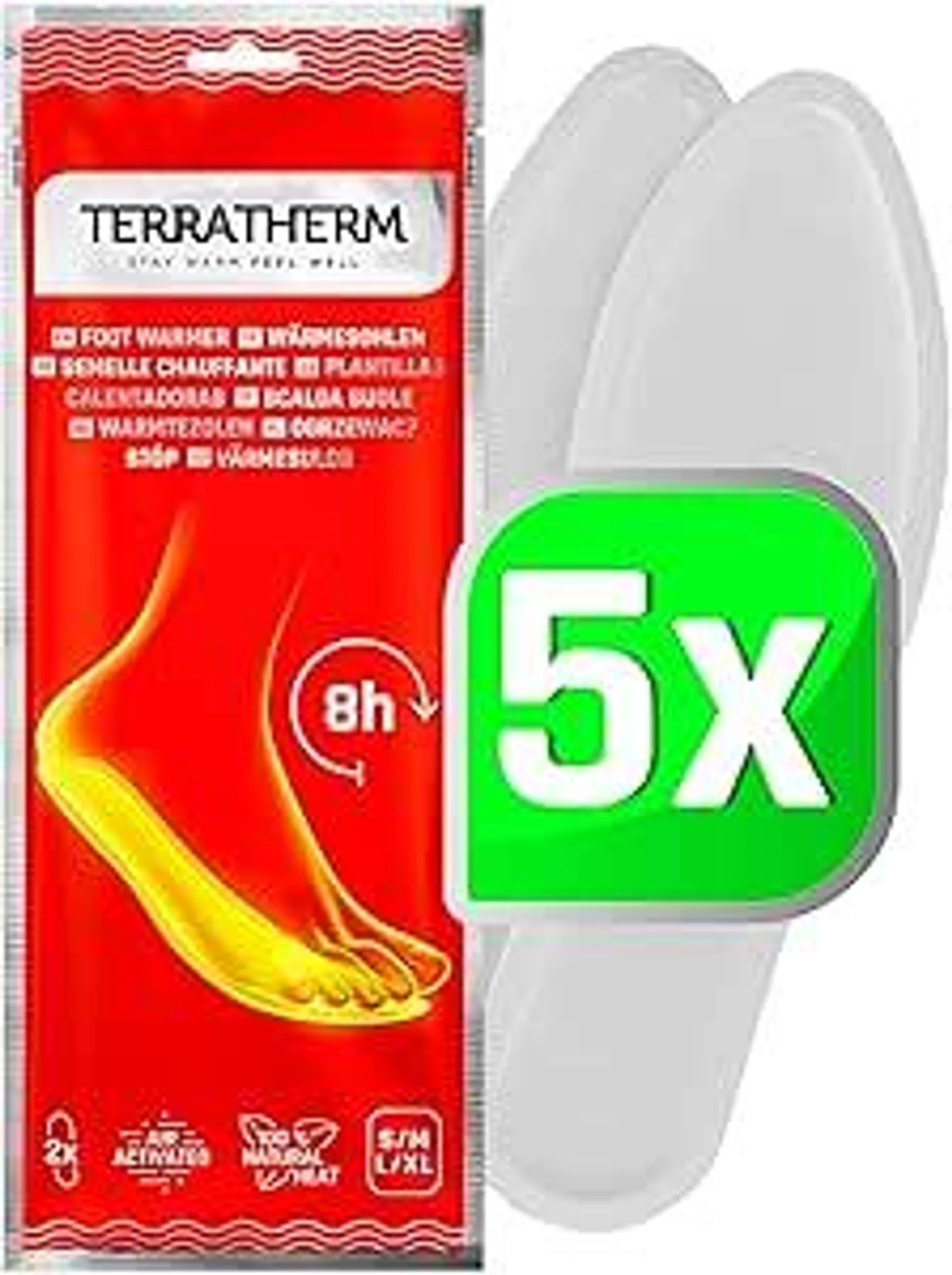 TerraTherm Wärmesohlen für Schuhe - 5 Paar M Sohlenwärmer, 100% natürliche Wärme, Fußwärmer Sohlen als auch Wärmeeinlagen für Schuhe, für 8h warme Füße, Schuhwärmer Einlagen M