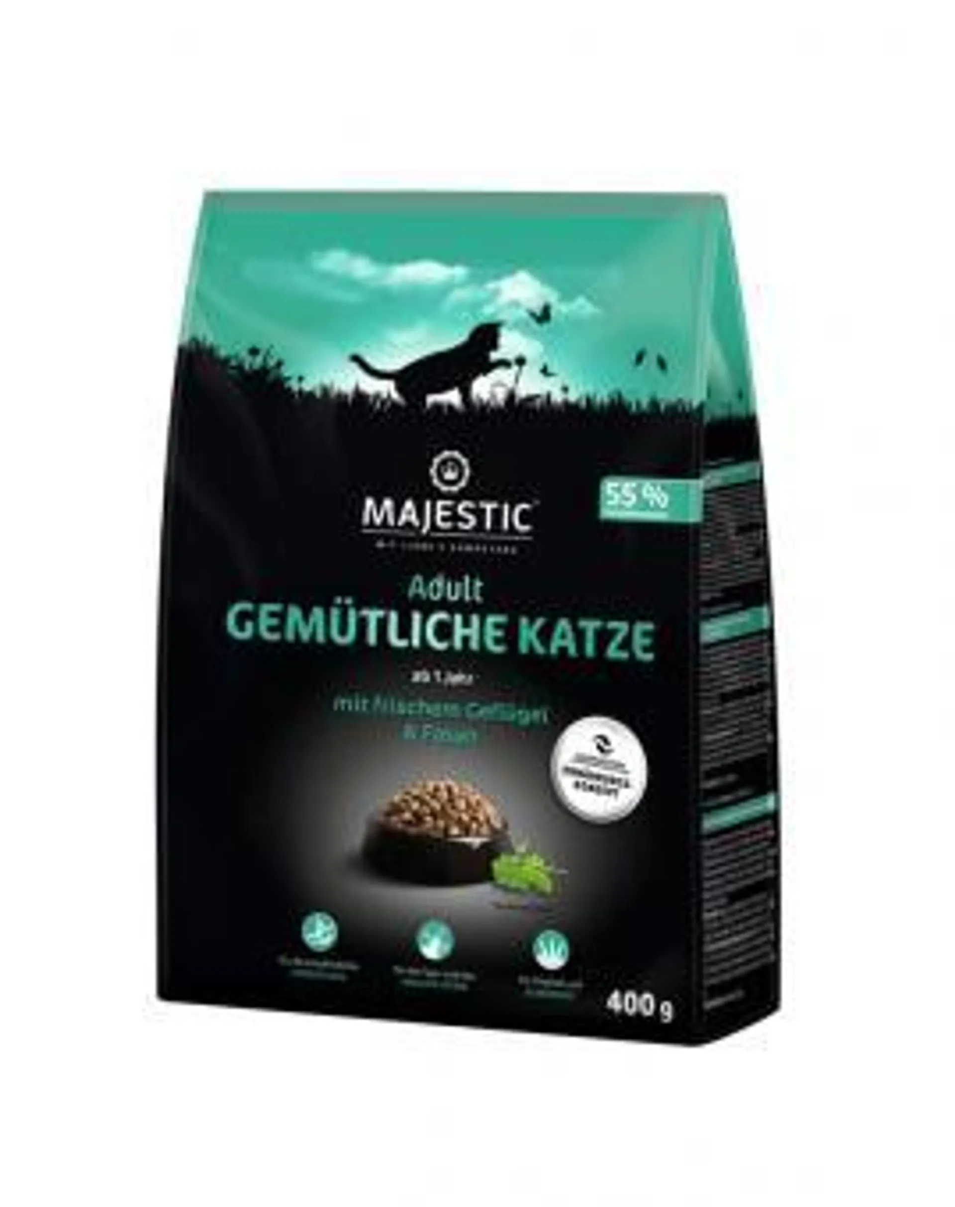 MAJESTIC Katze Adult Indoor 400g Beutel mit frischem Geflügel und Fasan