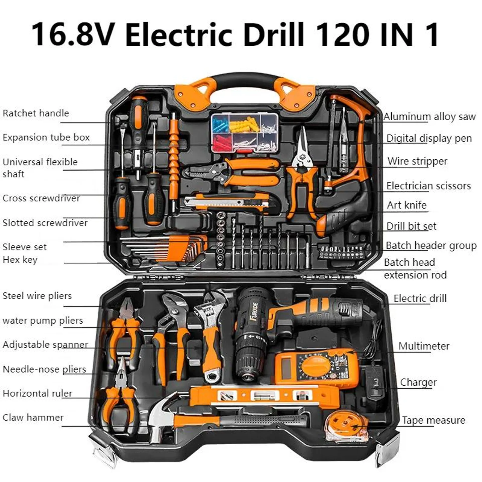 16.8V 120 In 1 Household Hardware Tool Set Lithium Battery Power Tool Electric Drill Combination Set Toolbox Pliers Saws Hammer