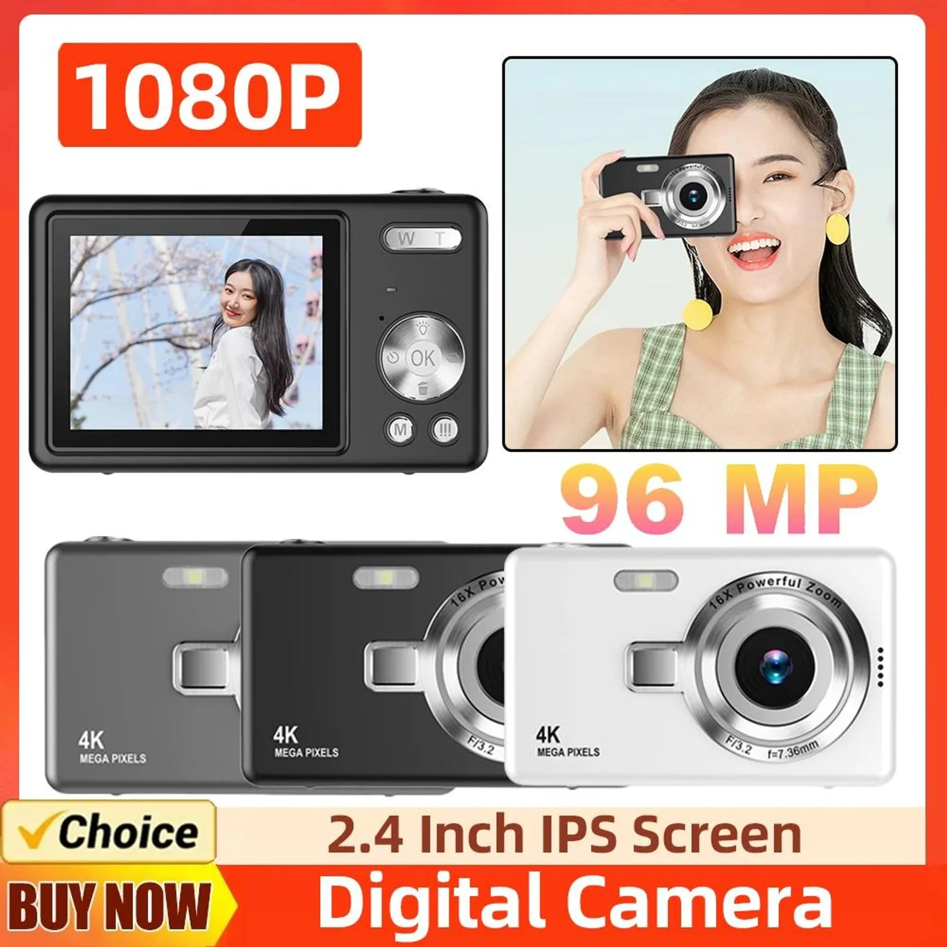 4K HD 1080P Digital Camera 96MP Autofocus Vlogging Camera 2.4 Inch IPS Screen Portable Vlogging Camera for Kids Adults Beginners