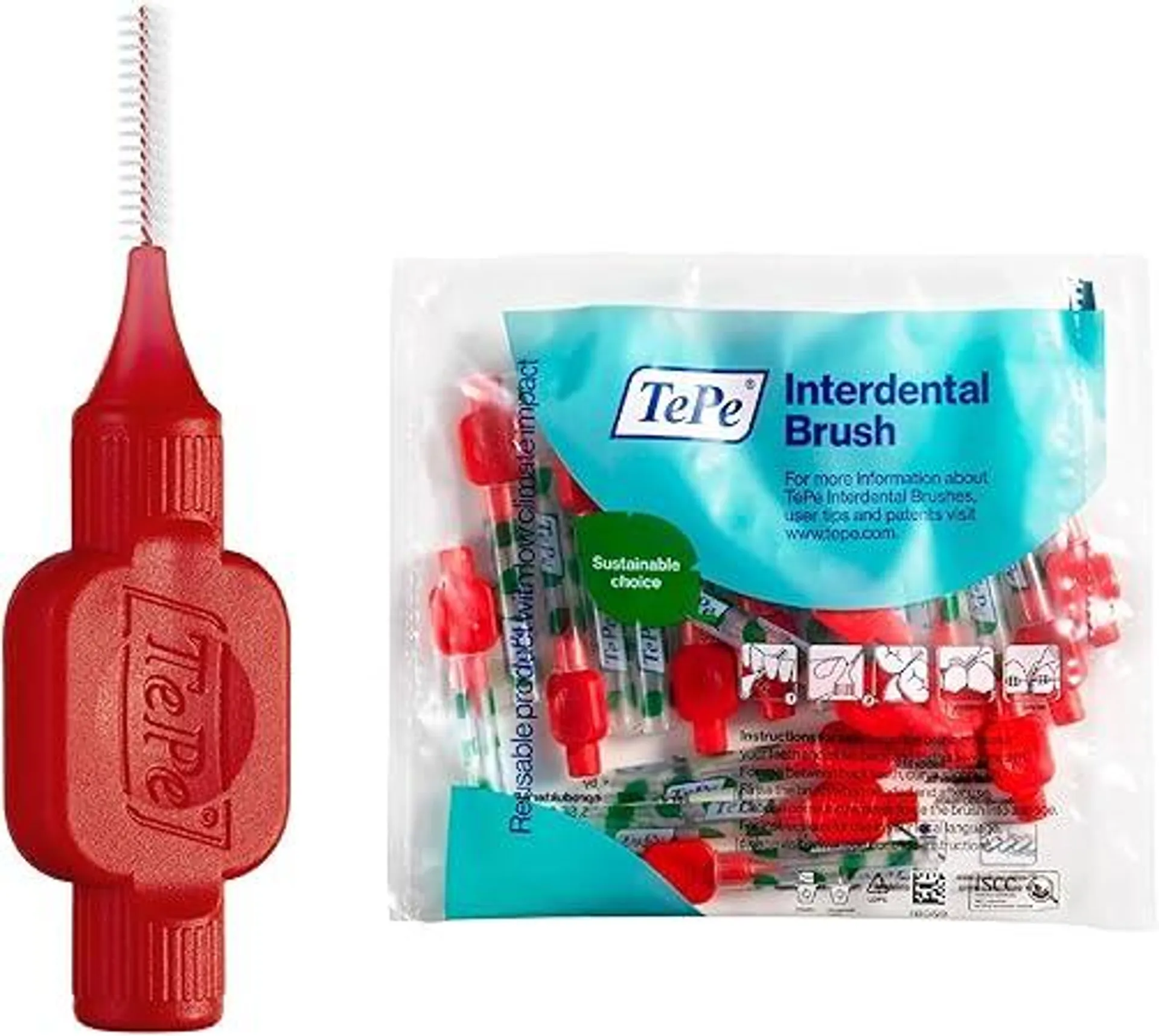 TePe Interdental Brush, Original, Red, 0.5 mm/ISO 2, 20pcs, plaque removal, efficient clean between the teeth, tooth floss, for narrow gaps