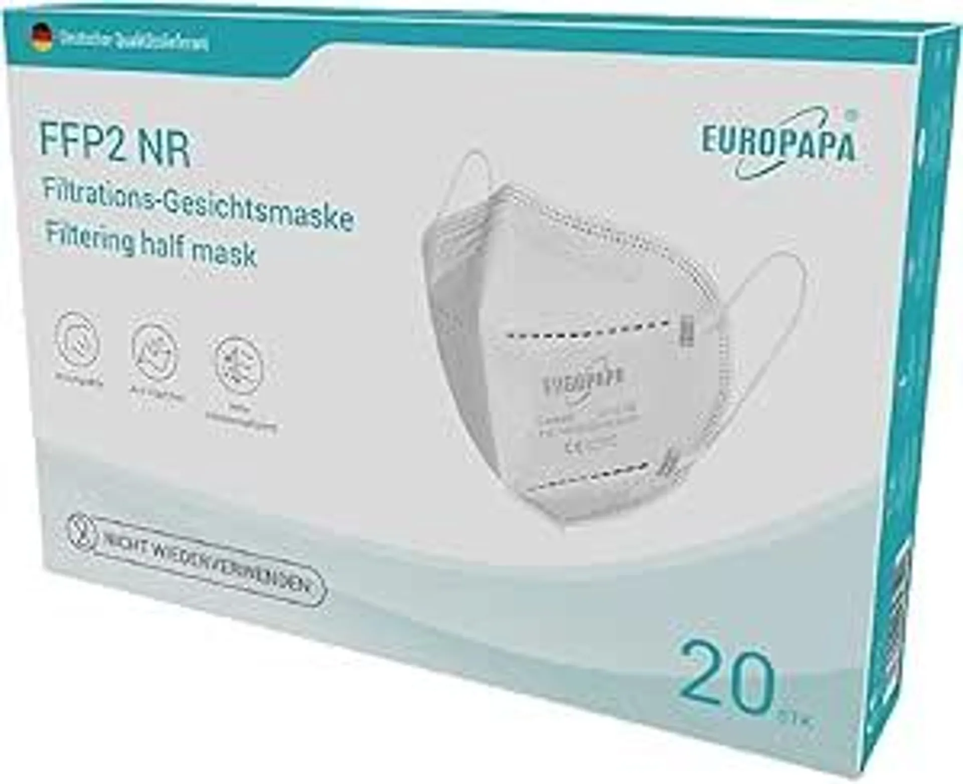 EUROPAPA 20x FFP2 Maske Atemschutzmaske 5-Lagen Staubschutzmasken hygienisch einzelverpackt EN149:2001+A1:2009 Mundschutzmaske EU2016/425