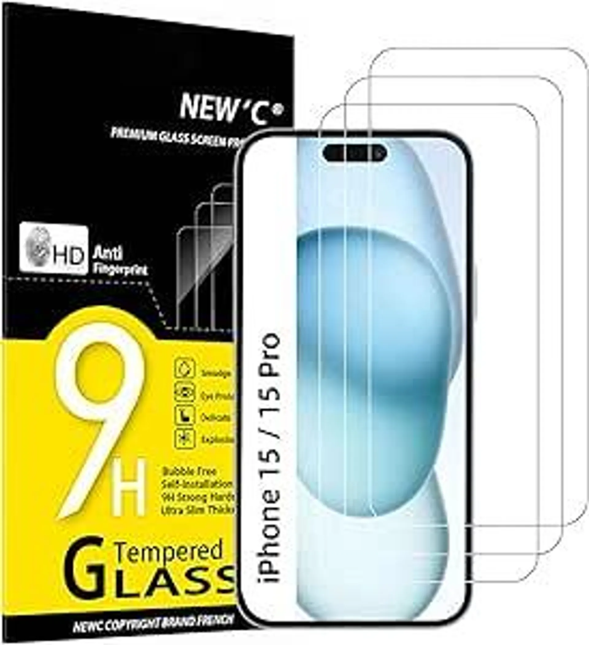 NEW'C 3 Stück, Panzer Schutz Glas für iPhone 15/15 Pro (6,1"), Frei von Kratzern, 9H Härte, HD Displayschutzfolie, 0.33mm Ultra-klar, Ultrabeständi