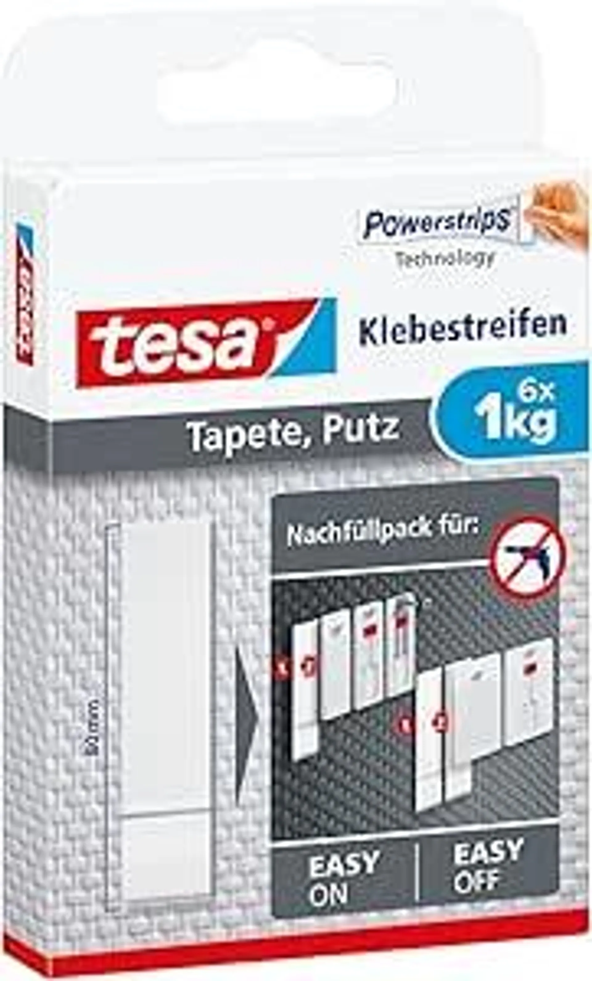 tesa Powerstrips Tapete&Putz - doppelseitige Klebestreifen für Tapete und Gips - Ersatz-Klebestreifen für den tesa® Klebenagel - Haltekraft 1,0 kg/Nagel - 1 x 6 Streifen