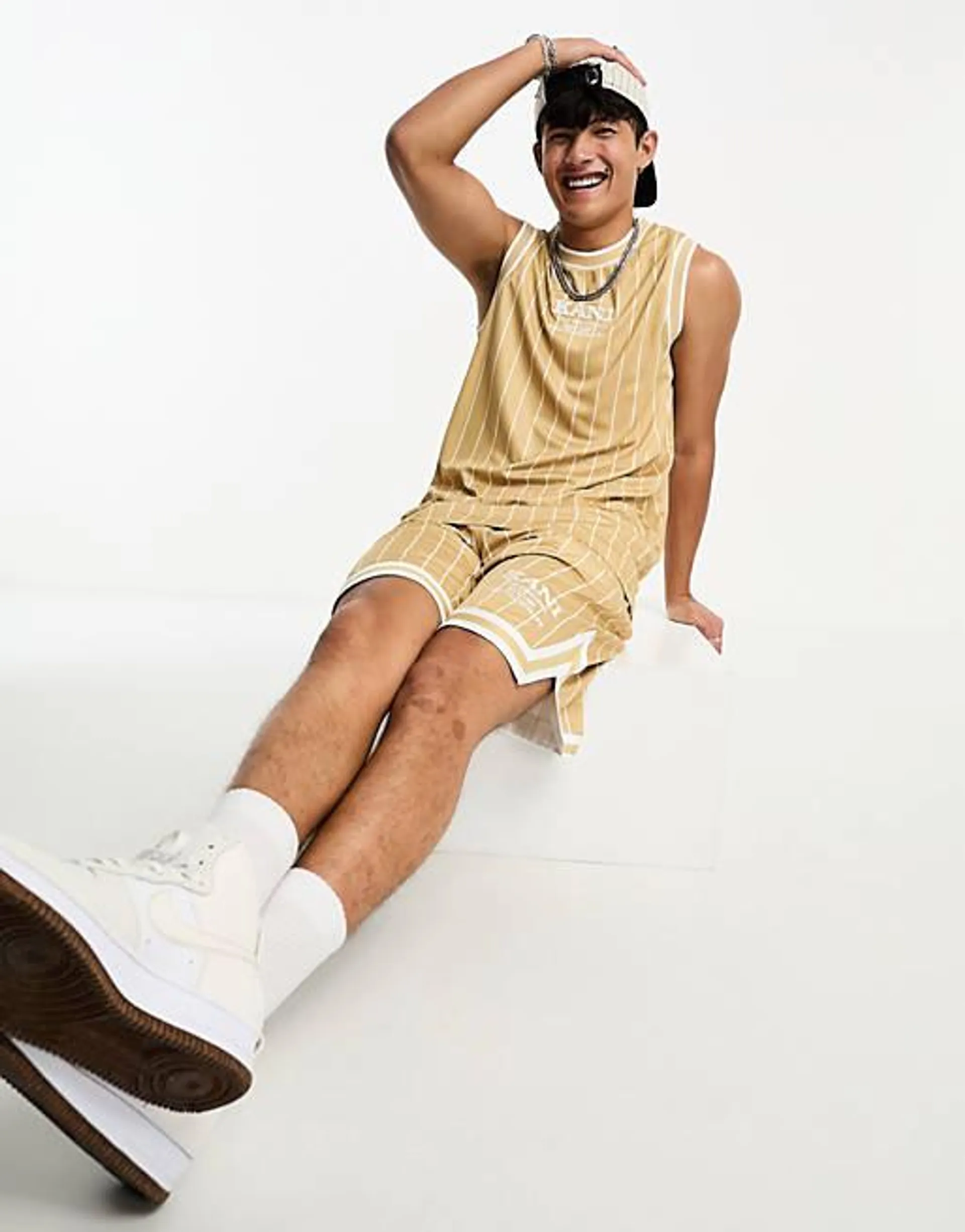Karl Kani retro pinstripe singlet in beige and white (Part of a set)