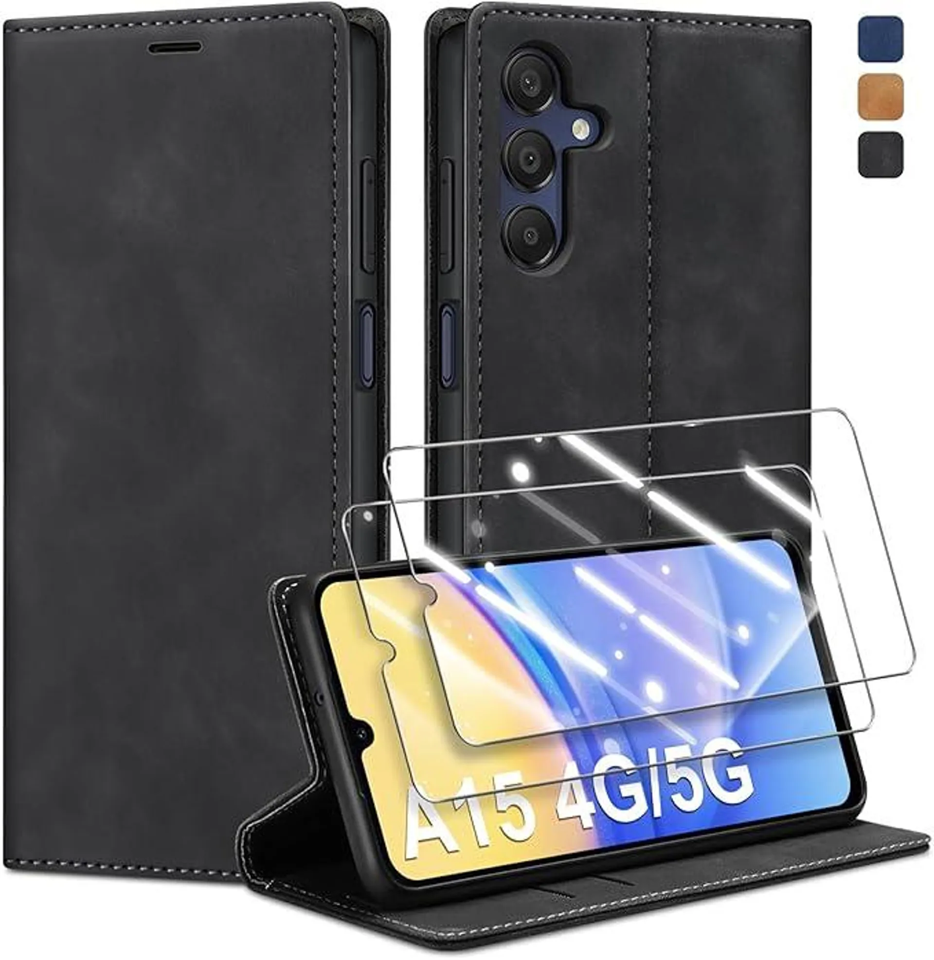 Guisessy Handyhülle für Samsung Galaxy A15 5G /4G Hülle Leder und 2 Schutzfolie, Premium Klappbar Flip Wallet mit Magnet Kartenfach Standfunktion Schutzhülle für Samsung A15 4G/5G, Schwarz