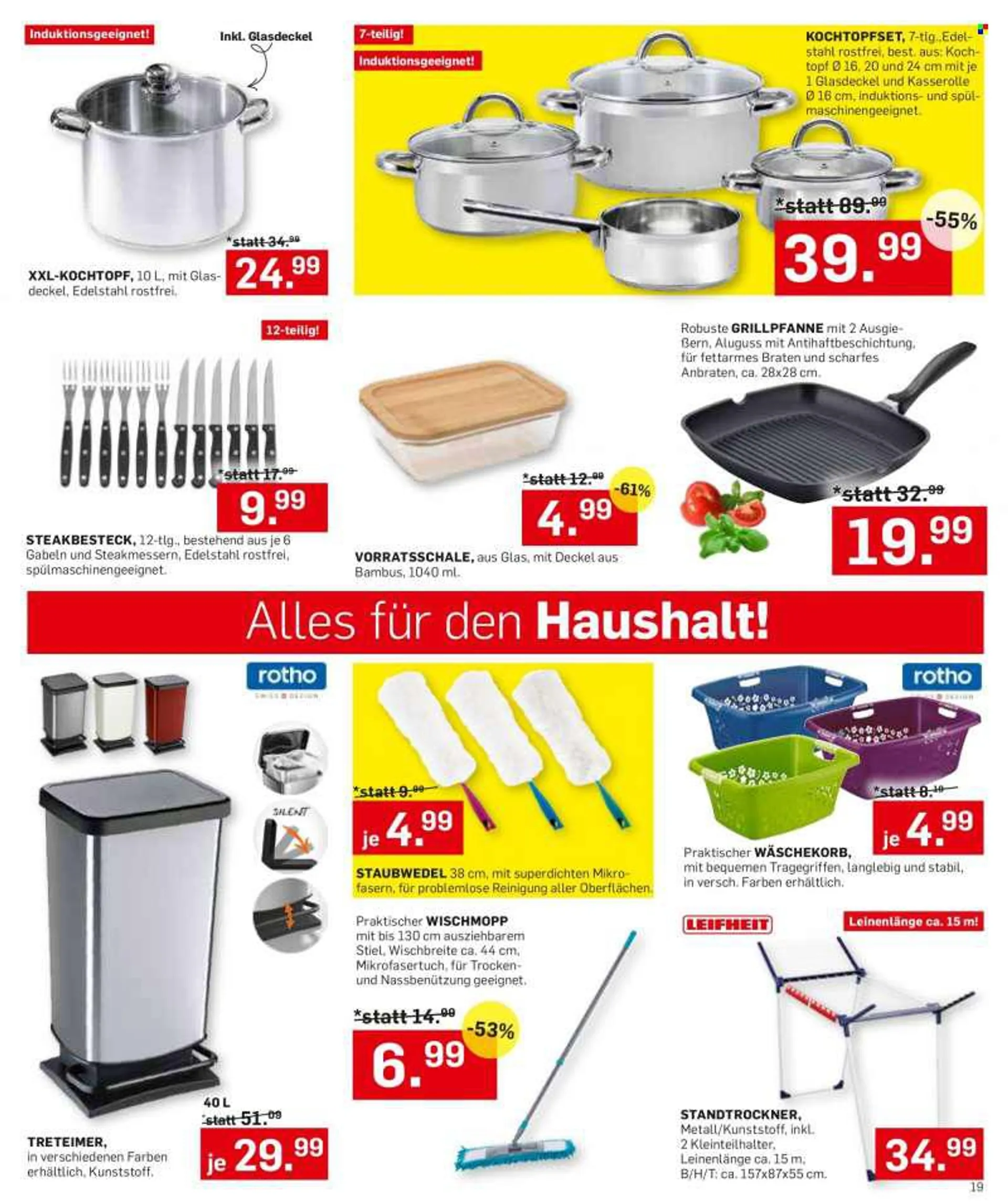 Angebote Möbel Ludwig - Verkaufsprodukte - Wäschekorb, Treteimer, Steakbesteck, Kochtopf, Glasdeckel, Grillpfanne. Seite 19.