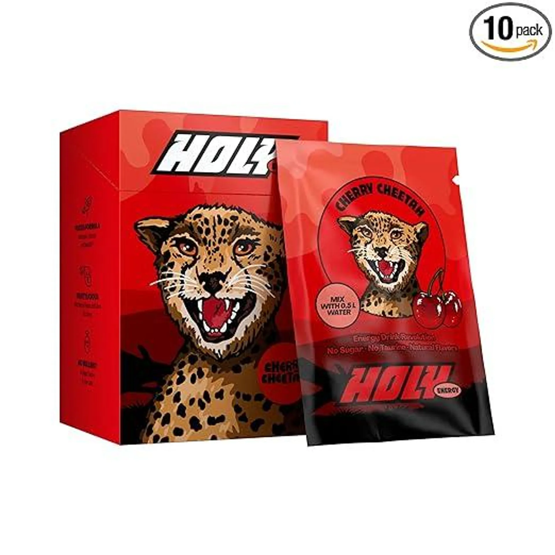 HOLY Energy Gaming Booster 10er Probier-Box 'Cherry Cheetah' mit Kirsch Geschmack Pulver | 10 Portionen mit NewCaff & Grüntee Extrakt | Focus Drink | Vegan mit 100% natürlichen Fruchtaromen