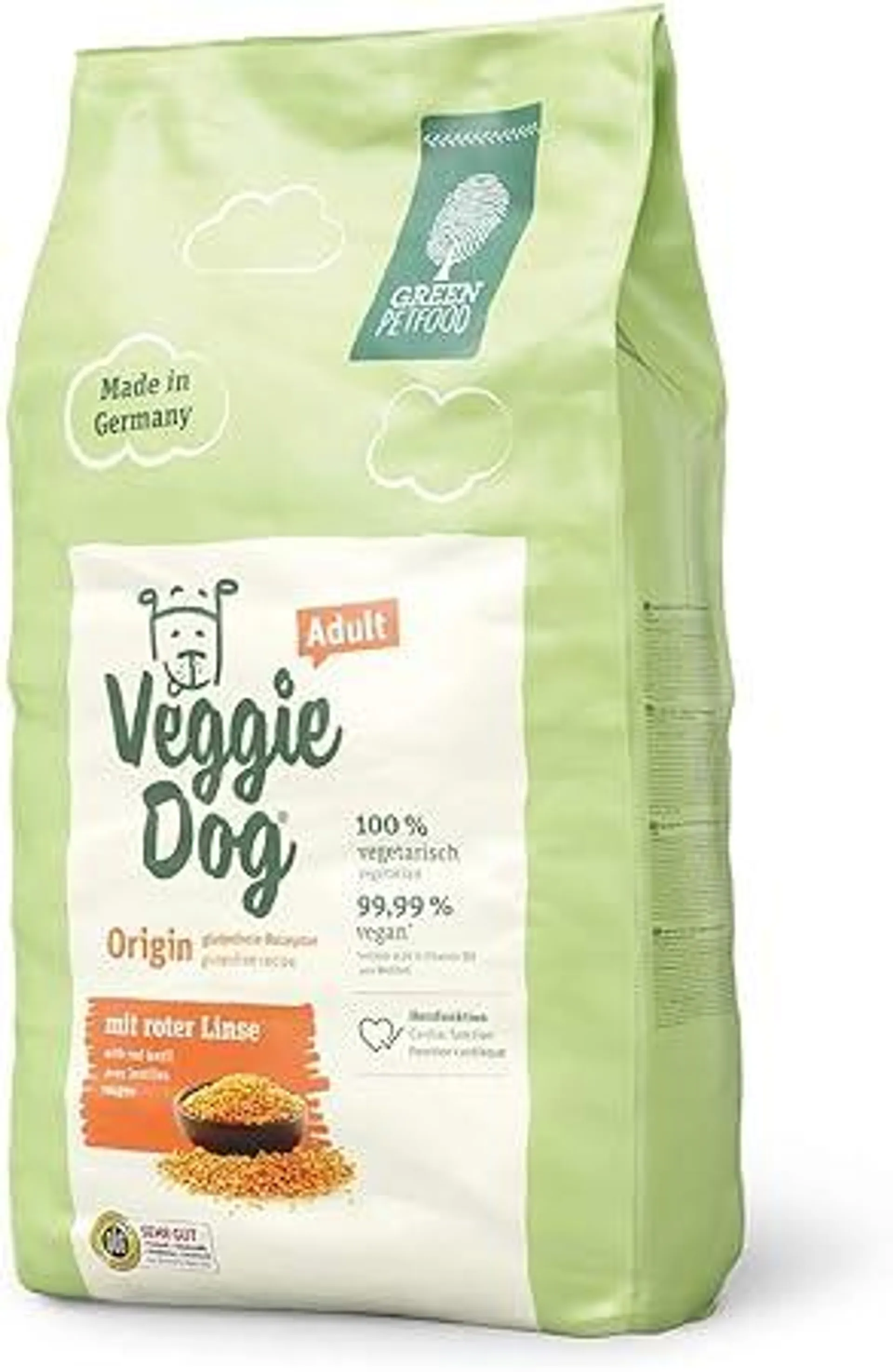 Green Petfood VeggieDog Origin (1 x 10 kg), vegetarisches Hundefutter mit roter Linse und glutenfreie Rezeptur, nachhaltiges Trockenfutter für ausgewachsene Hunde, auch als Hundeleckerli geeignet