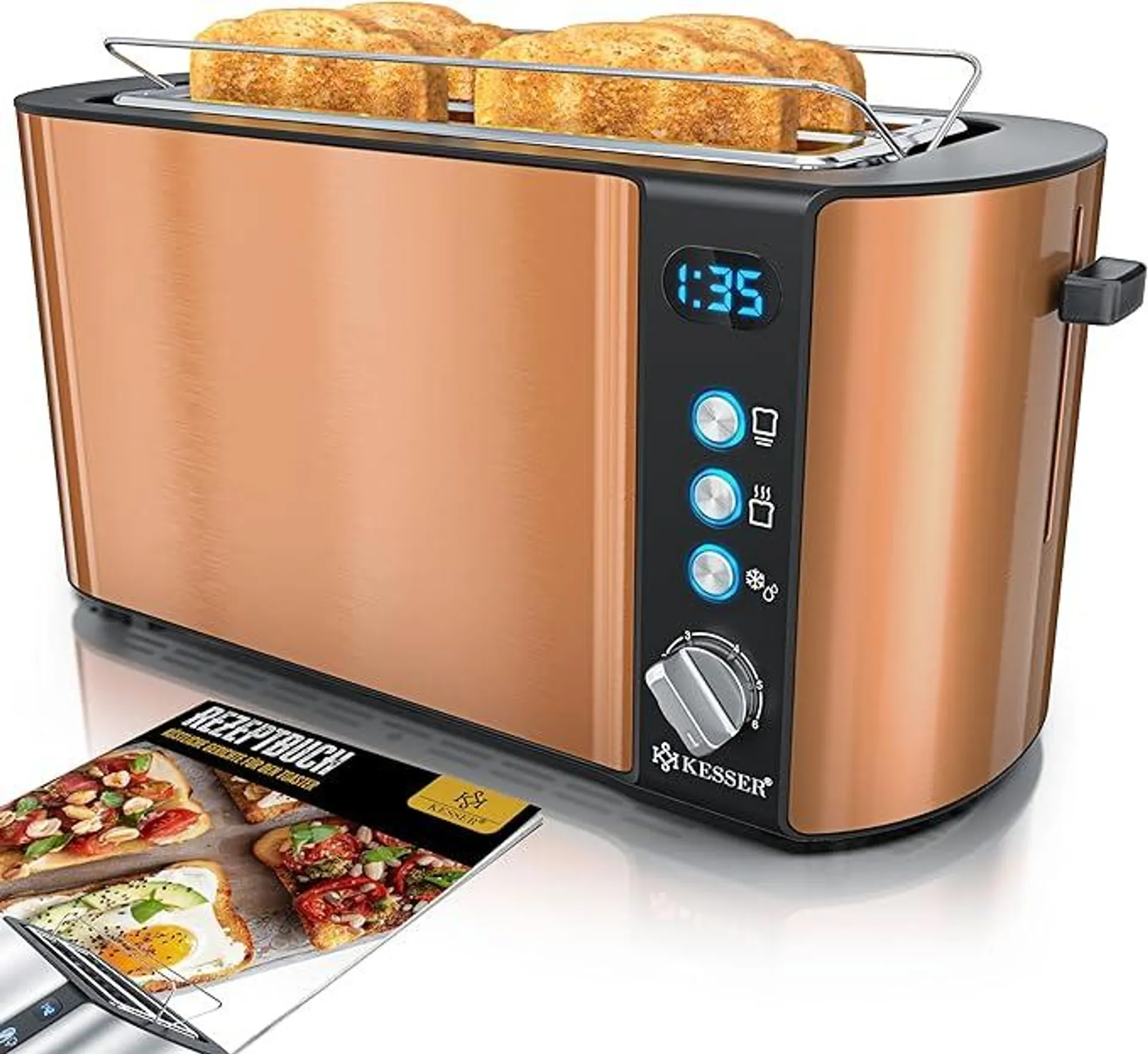 KESSER® Toaster mit Brötchenaufsatz, Automatik-Langschlitztoaster mit 6 Bräunungsstufen + Auftau- & Aufwärmefunktion, Abschaltautomatik, Liftfunktion, inkl. Krümelblech und Rezeptbuch Kupfer