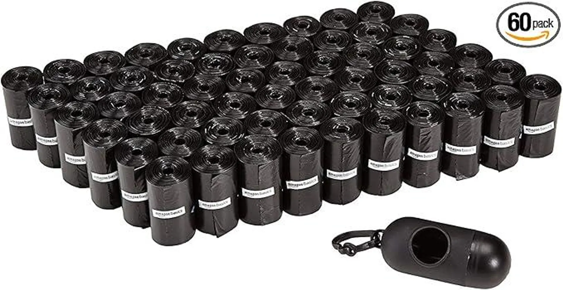 Amazon Basics Hundekotbeutel mit Spender und Leinenclip, Unparfümiert, 900 Stück, 60 Packungen mit 15, 33 x 23 cm, Schwarz