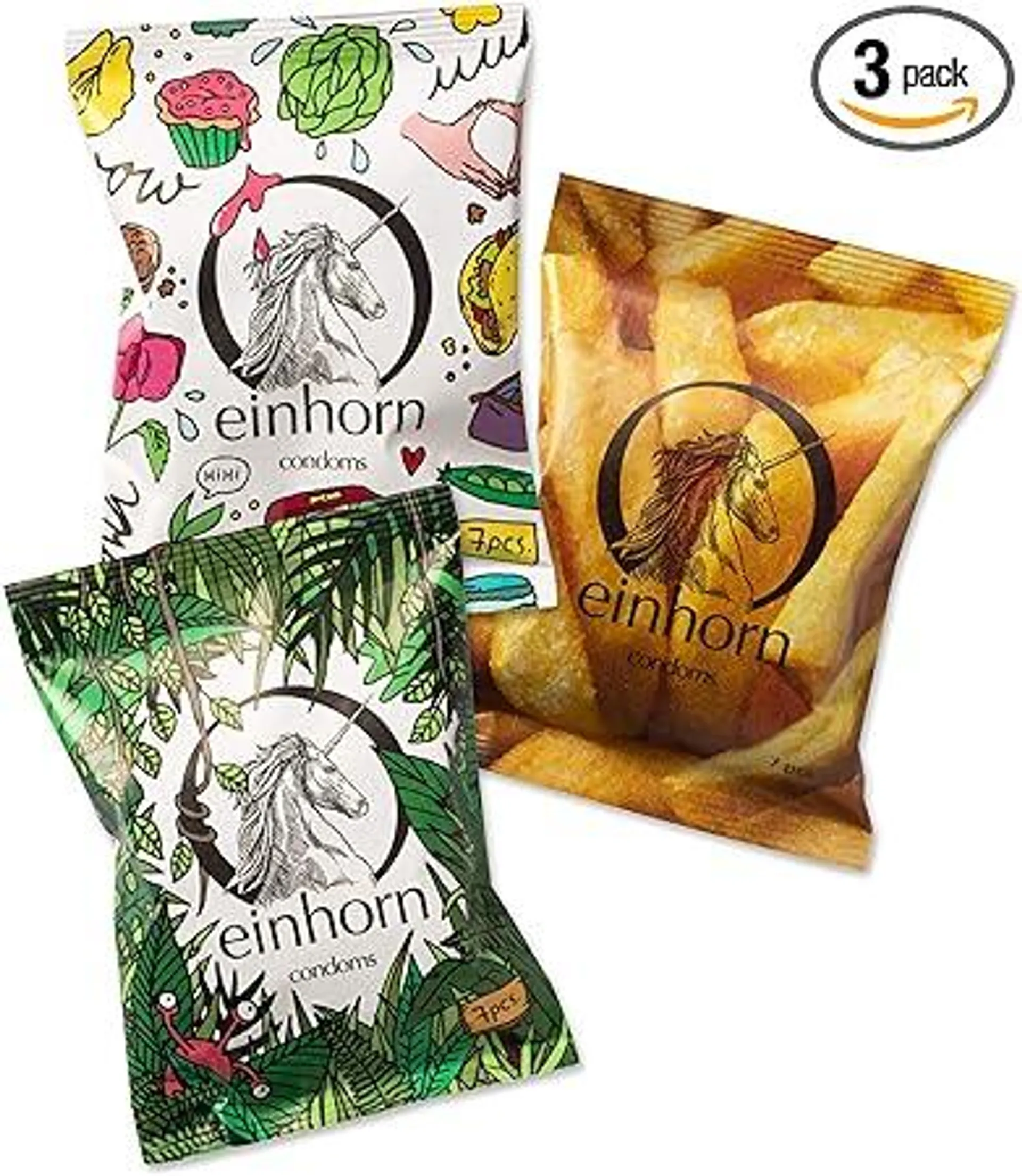 einhorn Kondome - 21 Stück - Monatsration - 3 Überraschungsdesigns + Extras - Vegan, Hormonfrei, Feucht, Geprüft