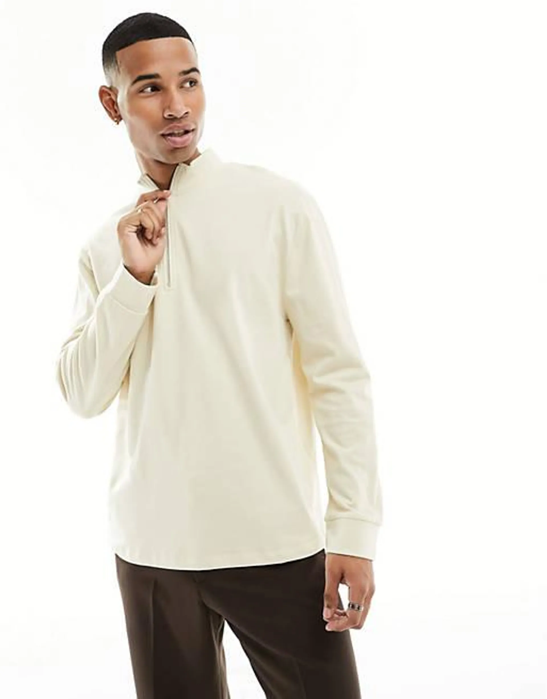 ASOS DESIGN long sleeve relaxed fit t-shirt with funnel neck in ecru