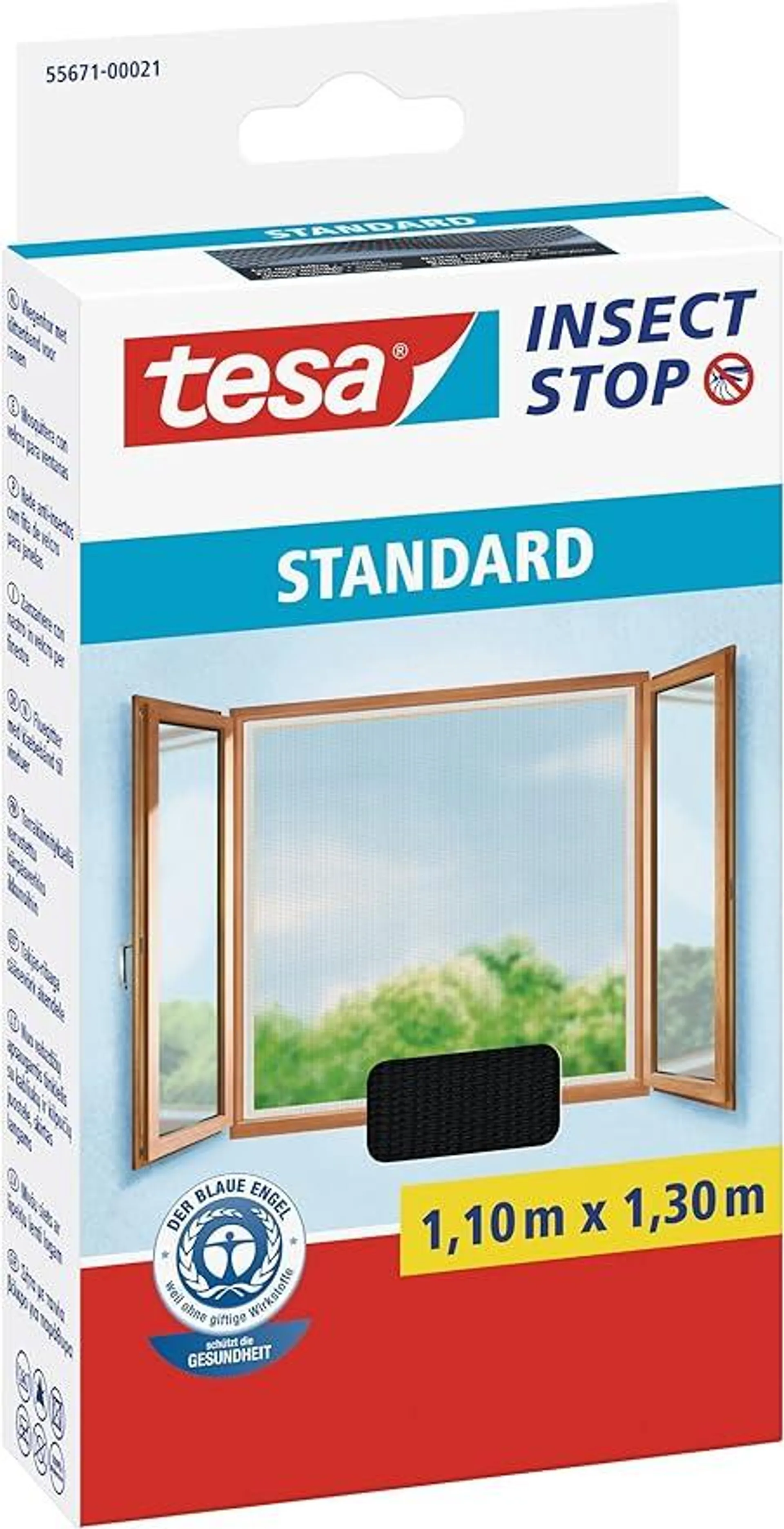 tesa Insect Stop STANDARD Fliegengitter für Fenster - Insektenschutz zuschneidbar - Mückenschutz ohne Bohren - 1 x Fliegen Netz anthrazit - 110 cm x 130 cm