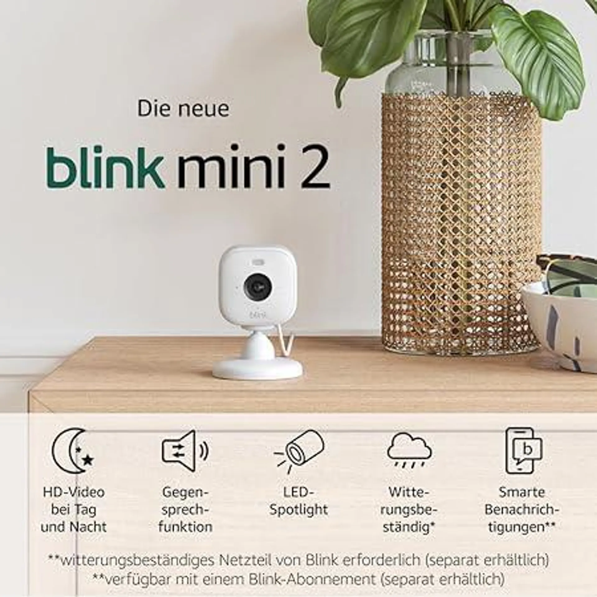 Blink Mini 2 – Überwachungskamera, smarte Plug-in-Sicherheitskamera mit HD-Nachtsicht in Farbe, integriertem Spotlight, Gegensprechfunktion und Bewegungserfassung, Alexa-kompatibel (weiß)