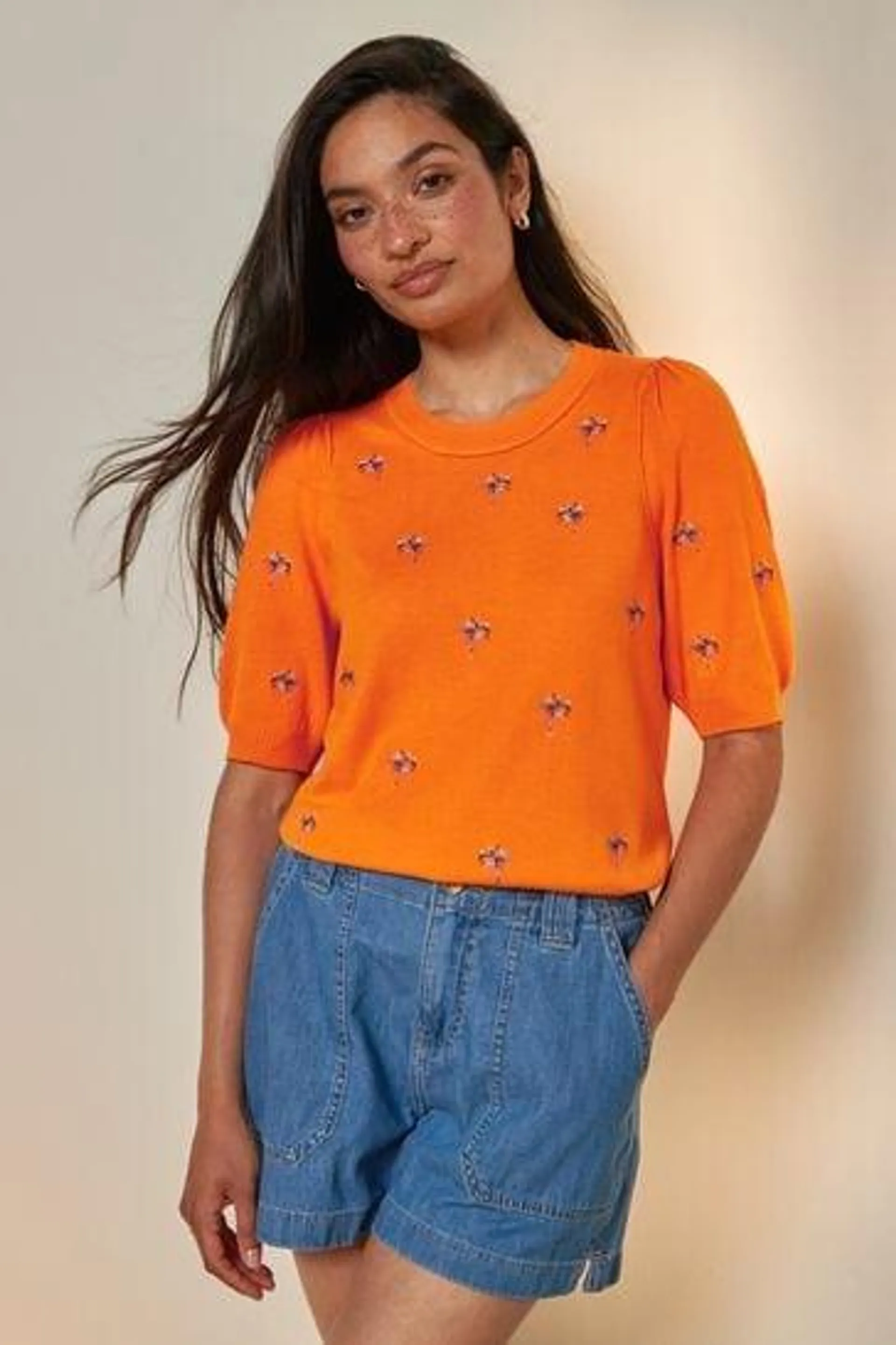 Printed Crew Neck Short Sleeve Knitted Top