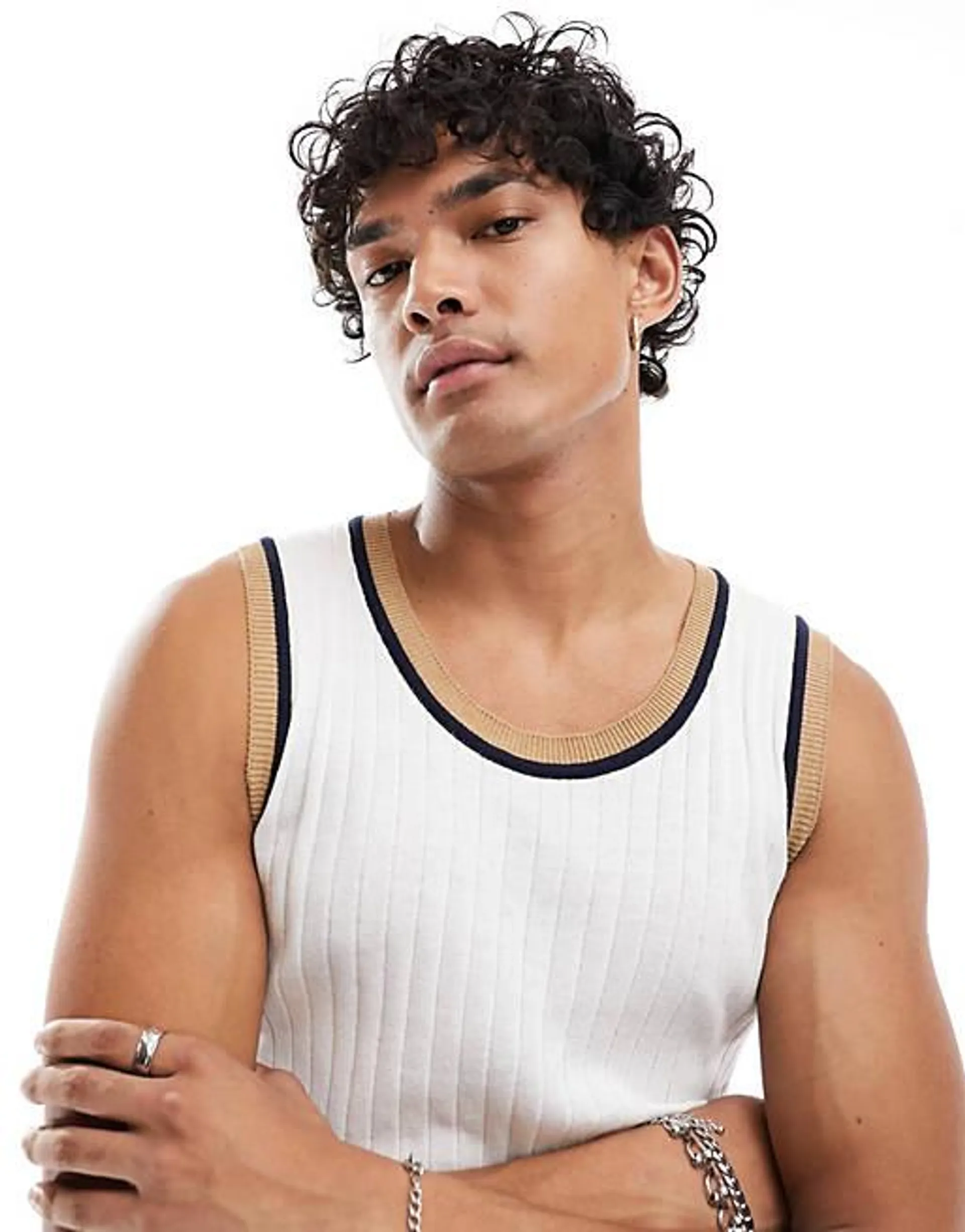 ASOS DESIGN knitted muscle singlet with contrast rib in white