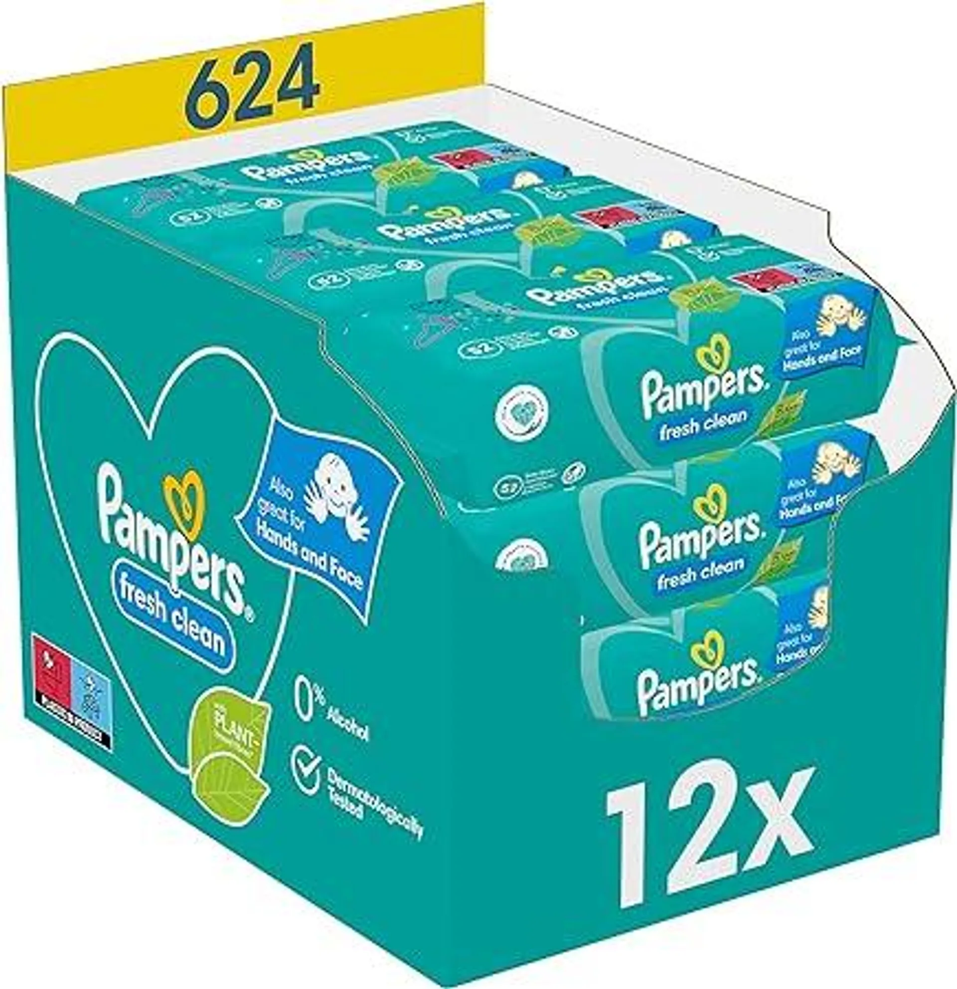 Pampers Fresh Clean Feuchttücher 12 Packungen (12 x 52 Stück), 624 Feuchttücher, milder Duft, auch für Hände und Gesicht geeignet