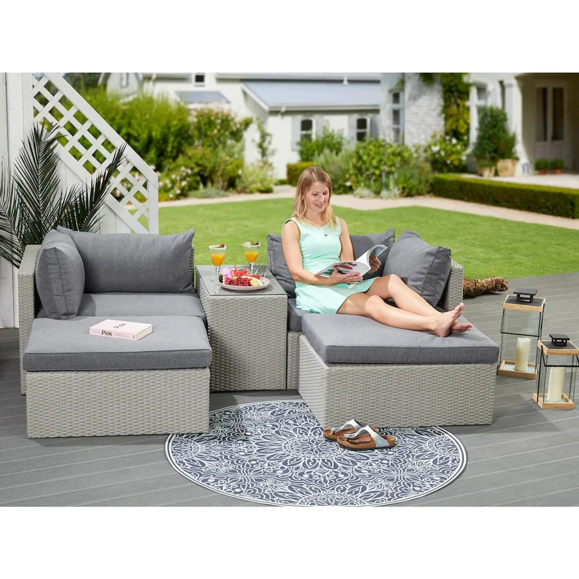 KONIFERA Gartenlounge-Set »Dallas«, (Set, 13 tlg., 2xSessel, 2xHocker, 1xTisch 70x40x51cm,inkl. Auflagen,Stahl/Polyratten), Balkonset, Loungeset, verschiedene Stellmöglichkeiten