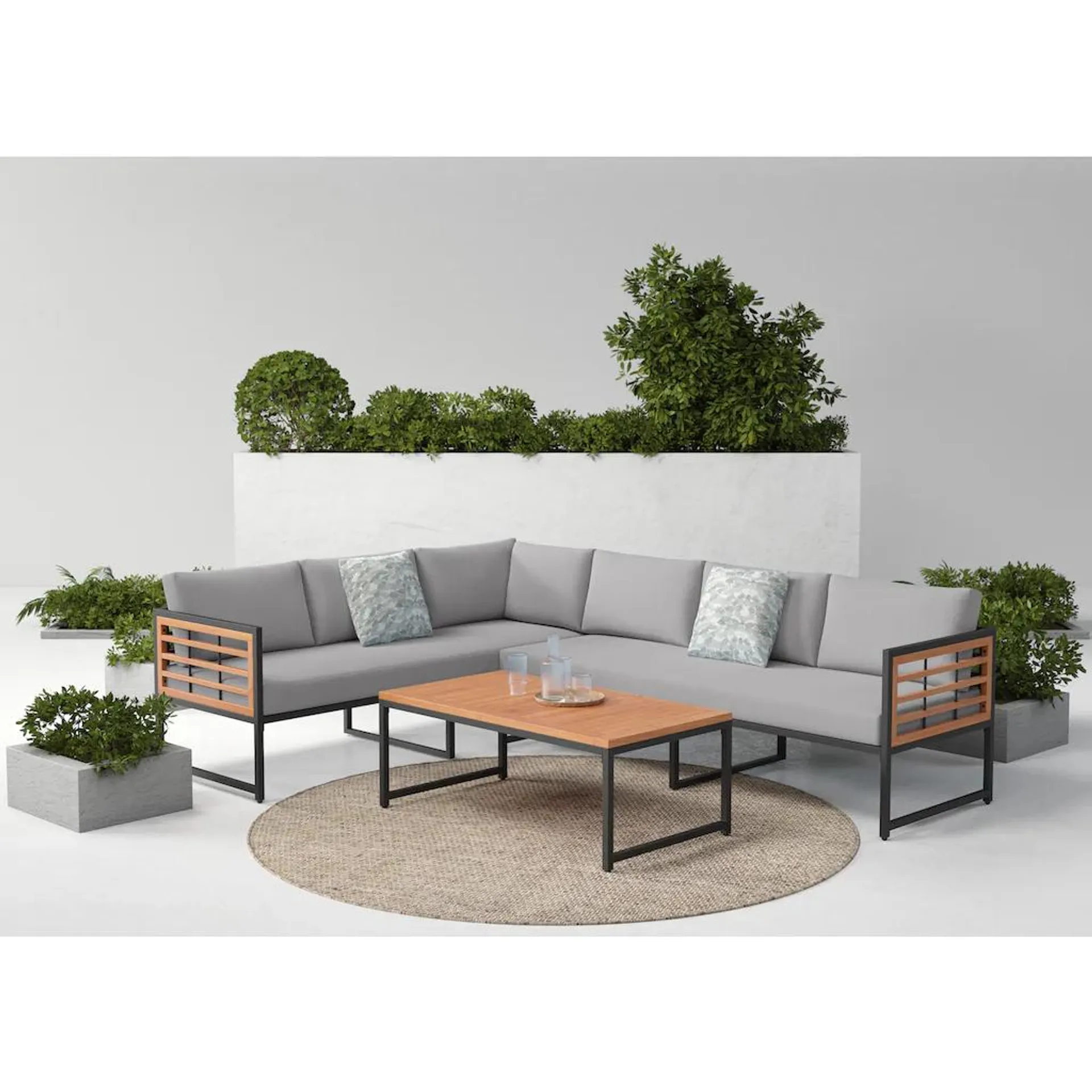 KONIFERA Gartenlounge-Set »Lamia«, (Set, 14 tlg., 2x3er Sofa, 1x Tisch 110x60x42cm, inkl. Auflagen, inkl. 2 Dekokissen), Stahl, Akazienholz, verschiedene Stellmöglichkeiten, Loungeset