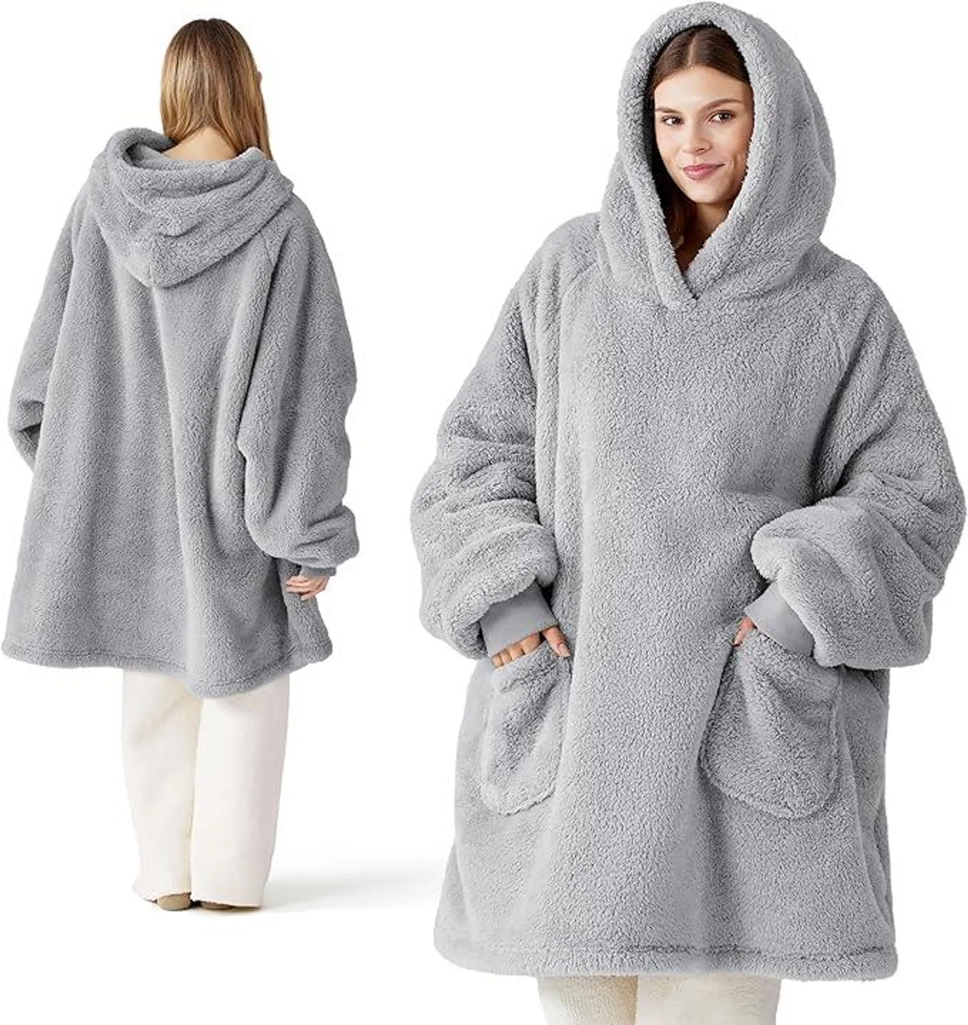 BEDSURE Hoodie Decke mit Ärmeln Kuschelpullover - Tragbare Decke zum Anziehen Erwachsene Grau, Warm Kuscheldecke mit Ärmeln 95x85 cm weich Ärmeldecke als Geschenke für Frauen Freundin Mütter