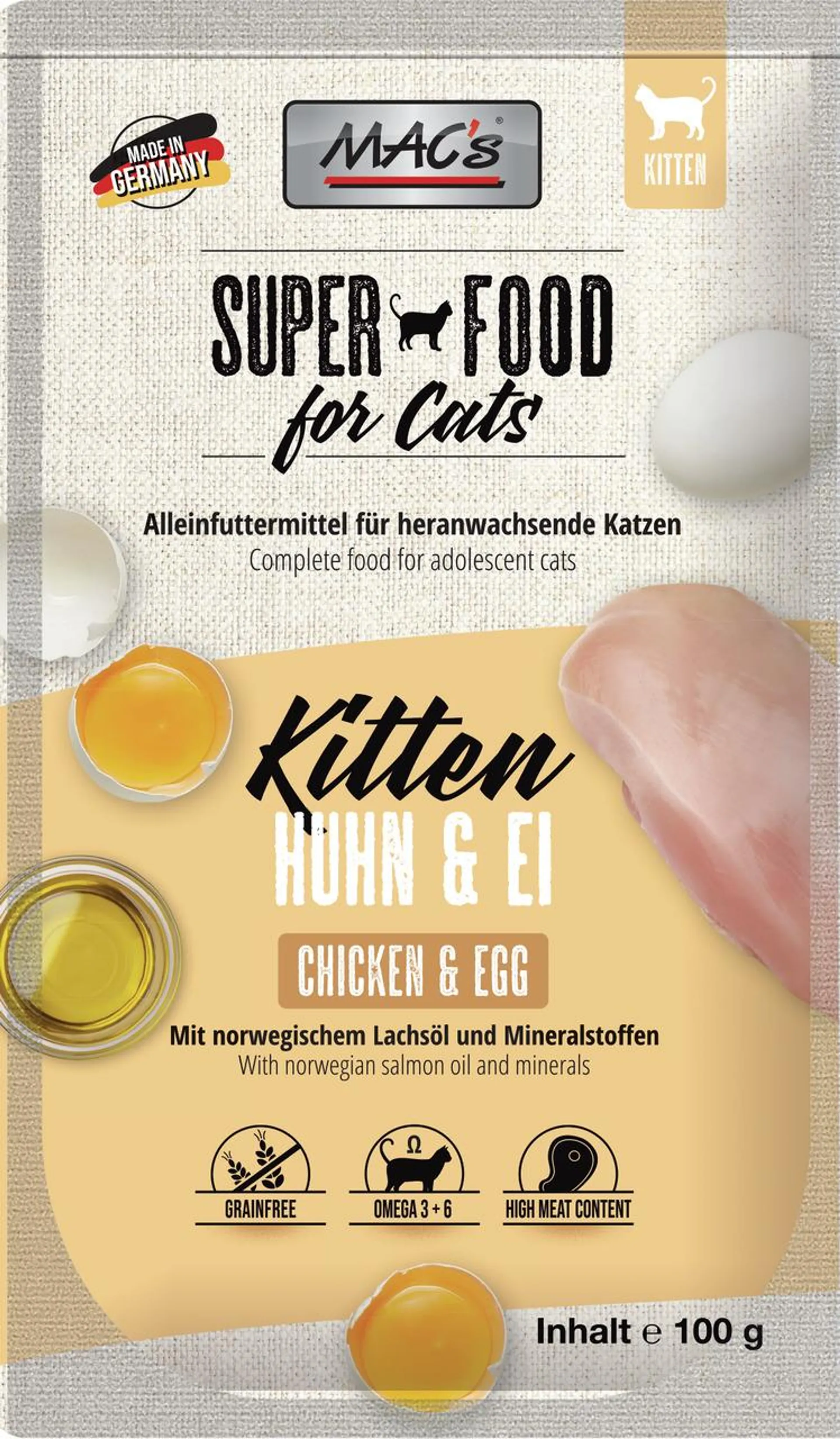 Sparpaket 12 x 100 g Mac's Kitten Huhn & Ei Katzen Nassfutter