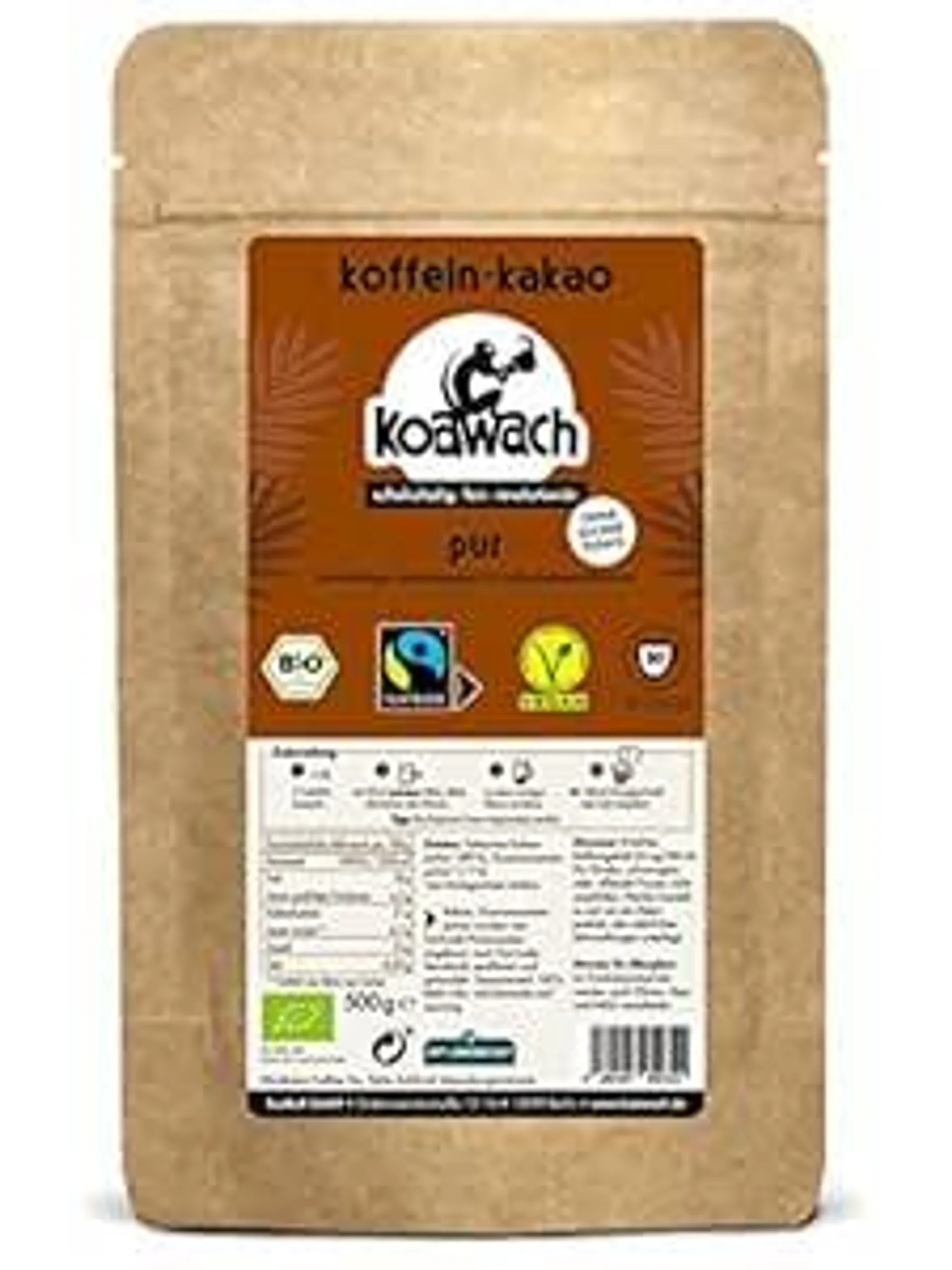 Koawach Pur Kakaopulver Trinkschokolade – Koffein Kakao Zuckerfrei Guarana Vegan heiße Schokolade Getränk ohne Zucker Energy Drink Backkakao Bio Fairtrade 500g