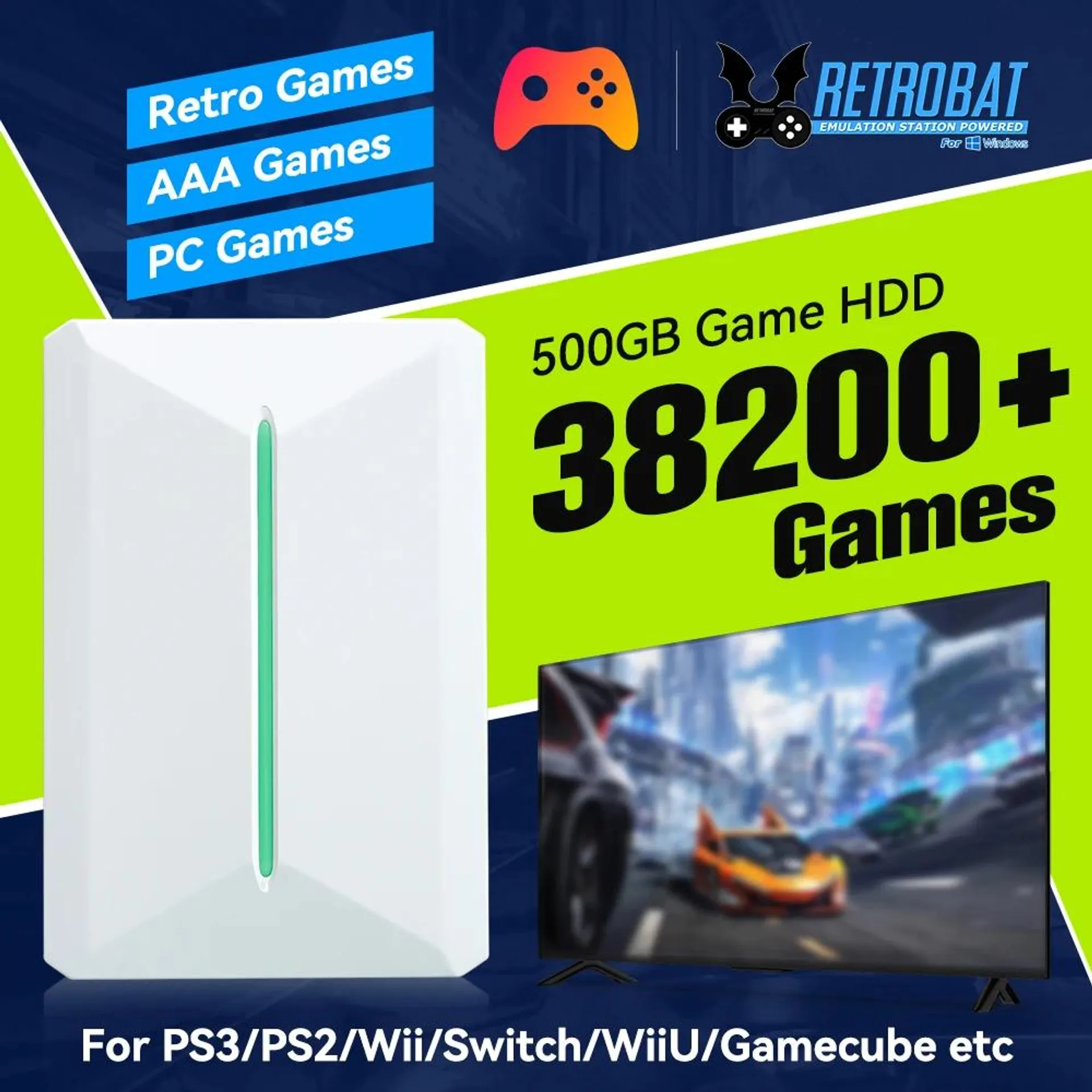 Retrobat & Playnite Retro Game Console 500GB Gaming HDD for PS3/PS2/Switch/Wii/WiiU for PC/Laptop with 38200+ Retro/AAA/PC Games