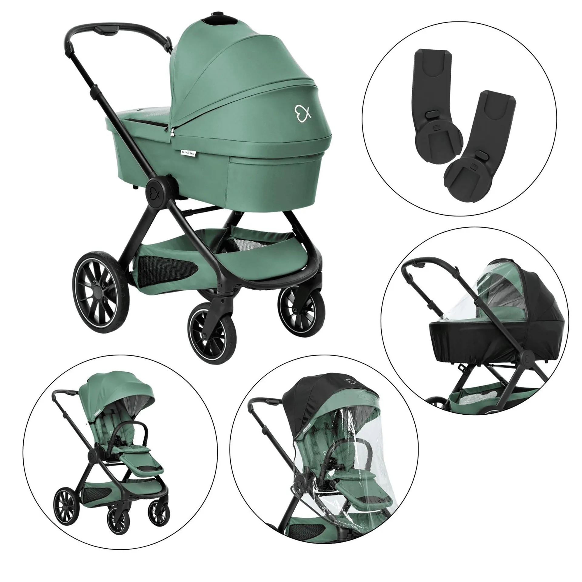 Set ELSA & EMIL Kinderwagen Krokodilgrün mit Regenverdeck für Babywanne / Sportsitz und Autositz-Adapter