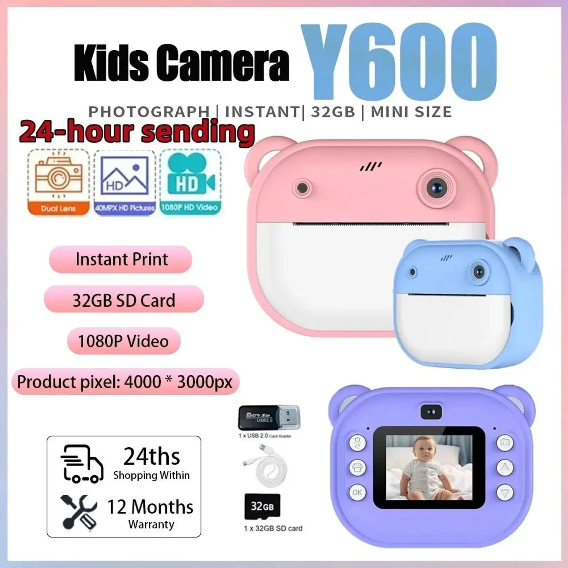 Children Digital Camera Instant Print for Kids Thermal Print Camera Instant Photo Printing Camera Video Toys+32G Memory Card