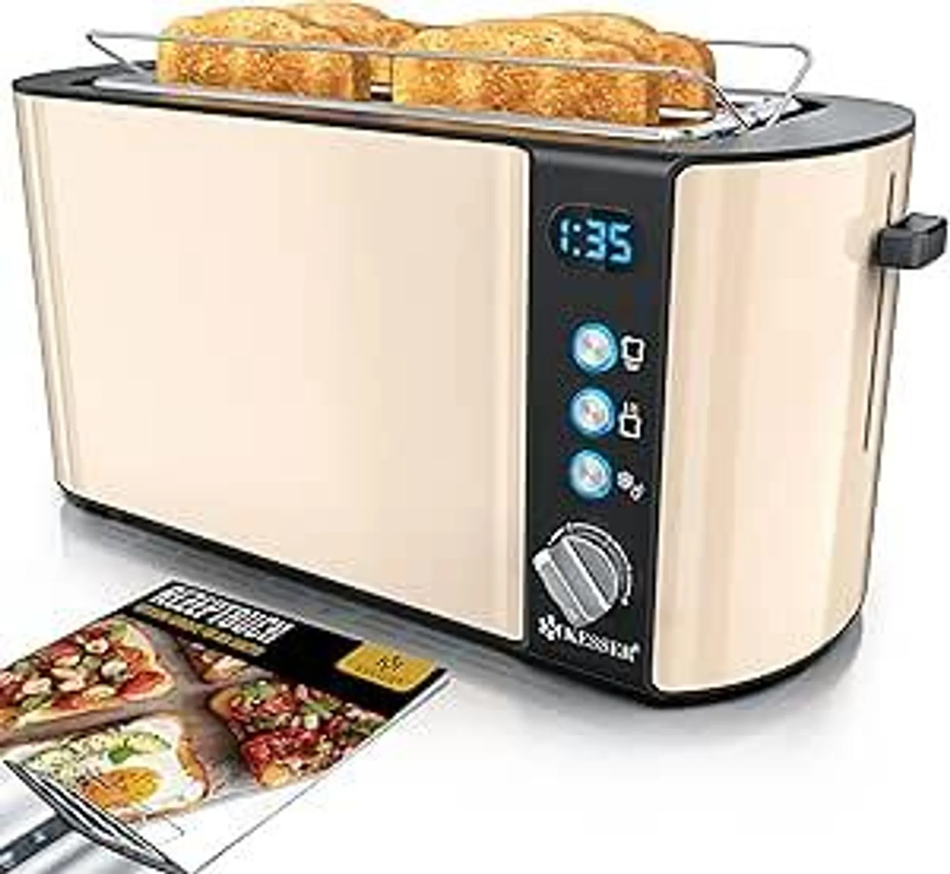 KESSER® Toaster mit Brötchenaufsatz, Automatik-Langschlitztoaster mit 6 Bräunungsstufen + Auftau- & Aufwärmefunktion, Abschaltautomatik, Liftfunktion, inkl. Krümelblech und Rezeptbuch Beige