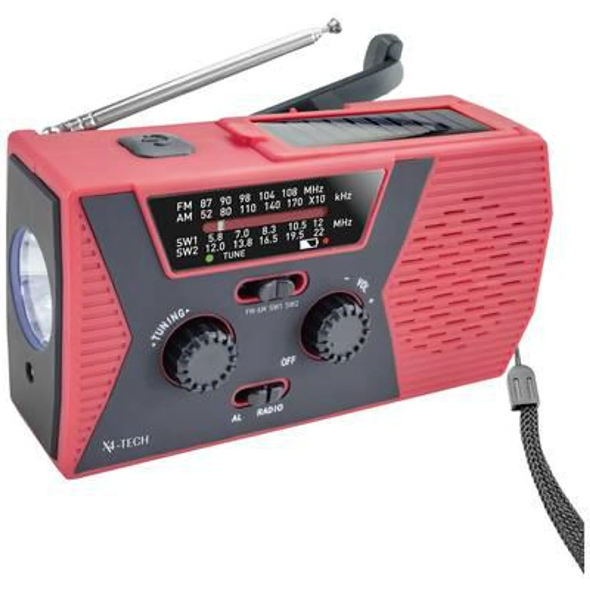 X4 Tech X4-TECH Notfallradio FM, AM, KW Akku-Ladefunktion, Handkurbel, Solarpanel, Taschenlampe, wiederaufladbar, spri