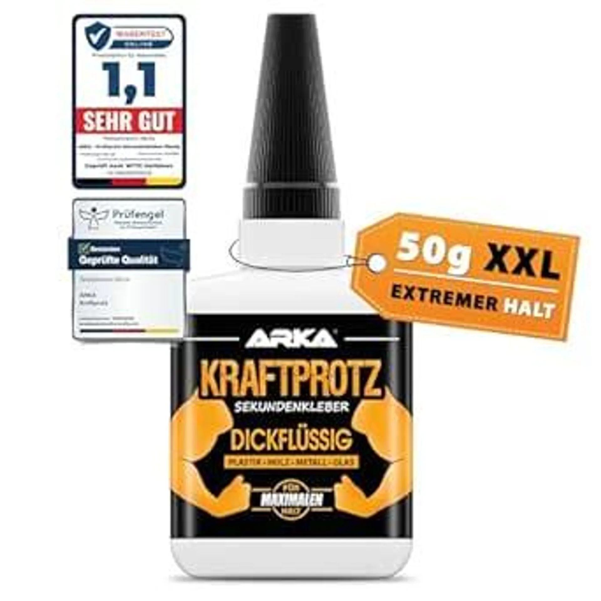 50 g Sekundenkleber extra stark - Inkl. Anti-Austrocknungs-Spitze - KRAFTPROTZ - Dickflüssiger Superkleber - Universell verwendbar zum Kleben von Plastik, Kunststoff, Glas, Holz, Stein, Metall uvm.