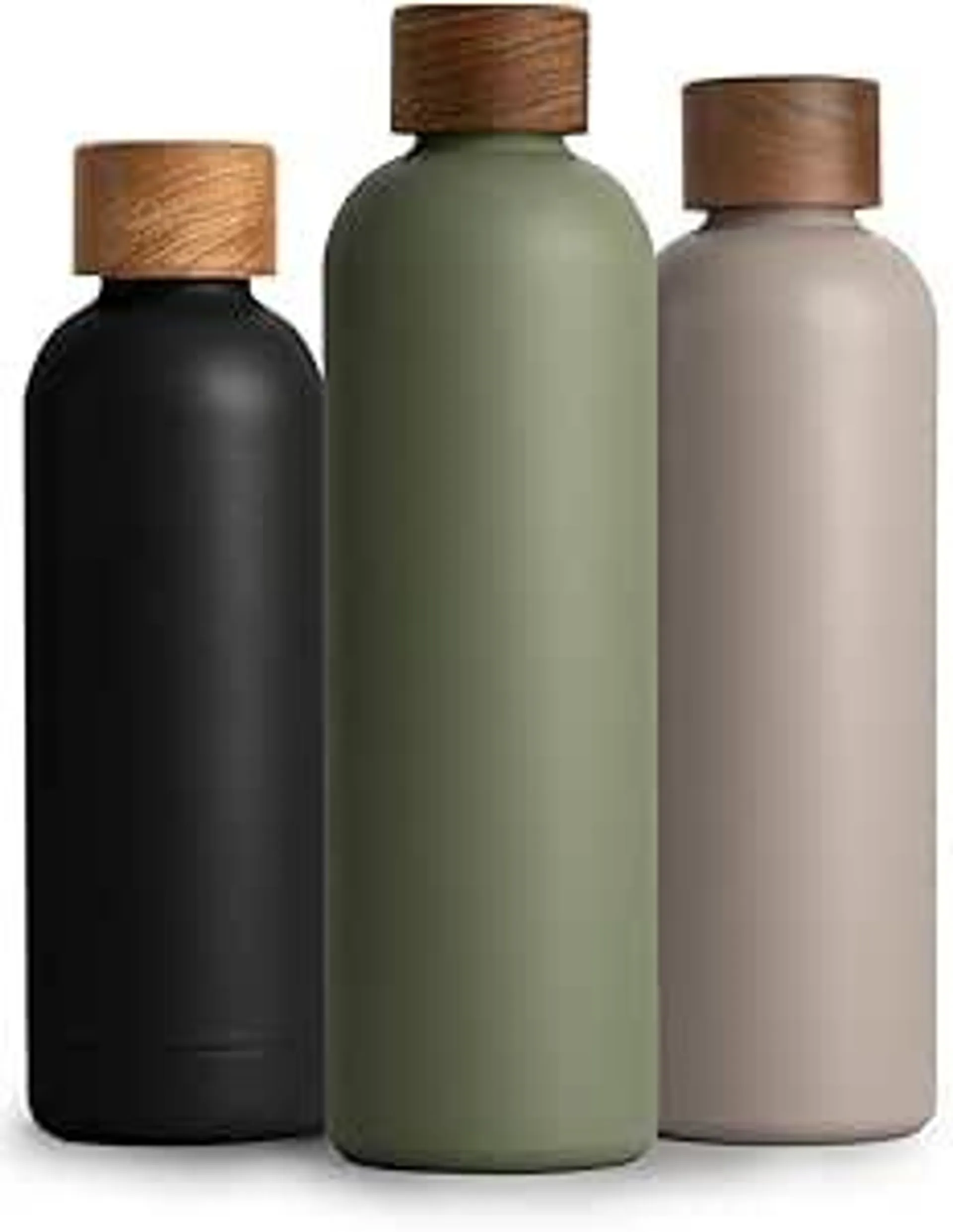 T&N Edelstahl Trinkflasche 1 Liter, Thermosflasche 1l mit Akazienholz Deckel, Isolierte Wasserflasche auslaufsicher bei Kohlensäure, Isolierflasche 1000ml - Olive Green