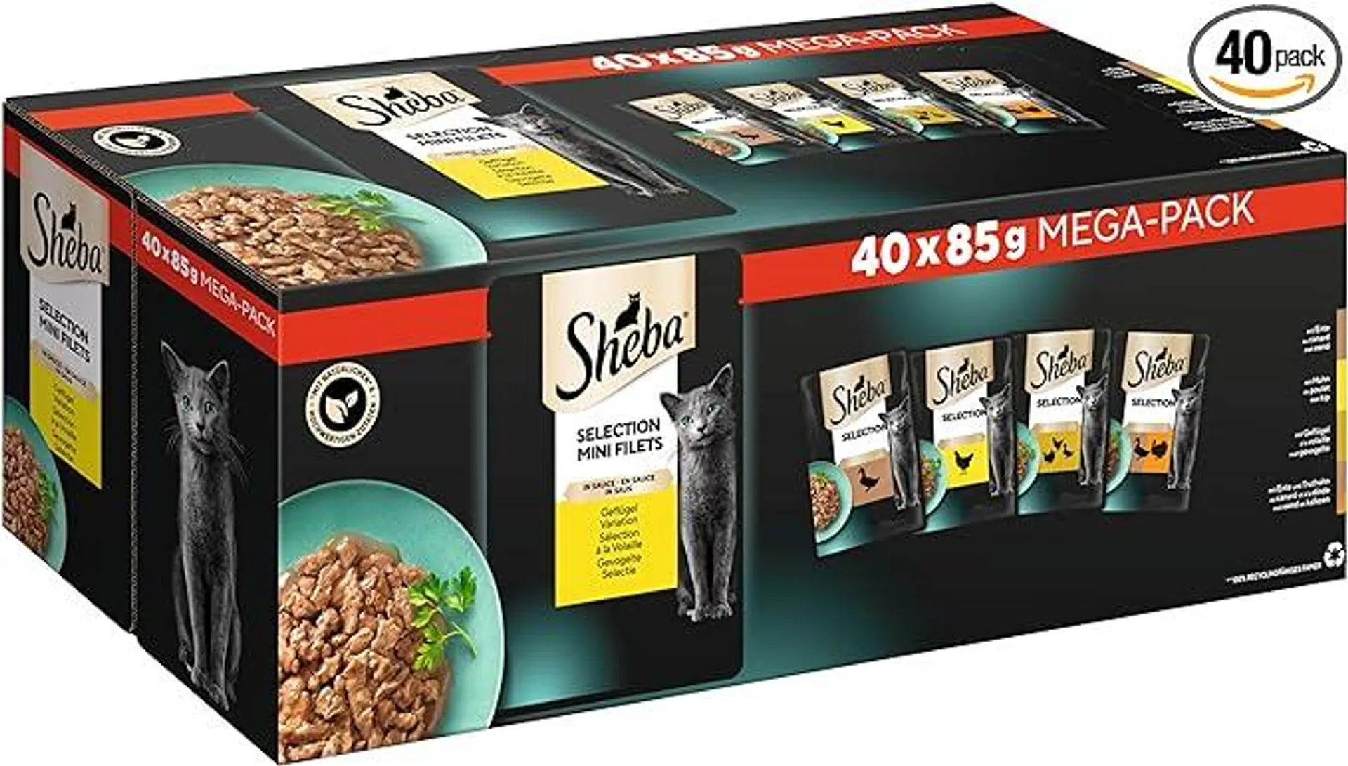 Sheba Katzennassfutter Selection in Sauce, 40 Portionsbeutel, 40x85g (1 Großpackung) – Katzenfutter nass, Geflügel Variation mit Ente, Huhn, Geflügel und Truthahn