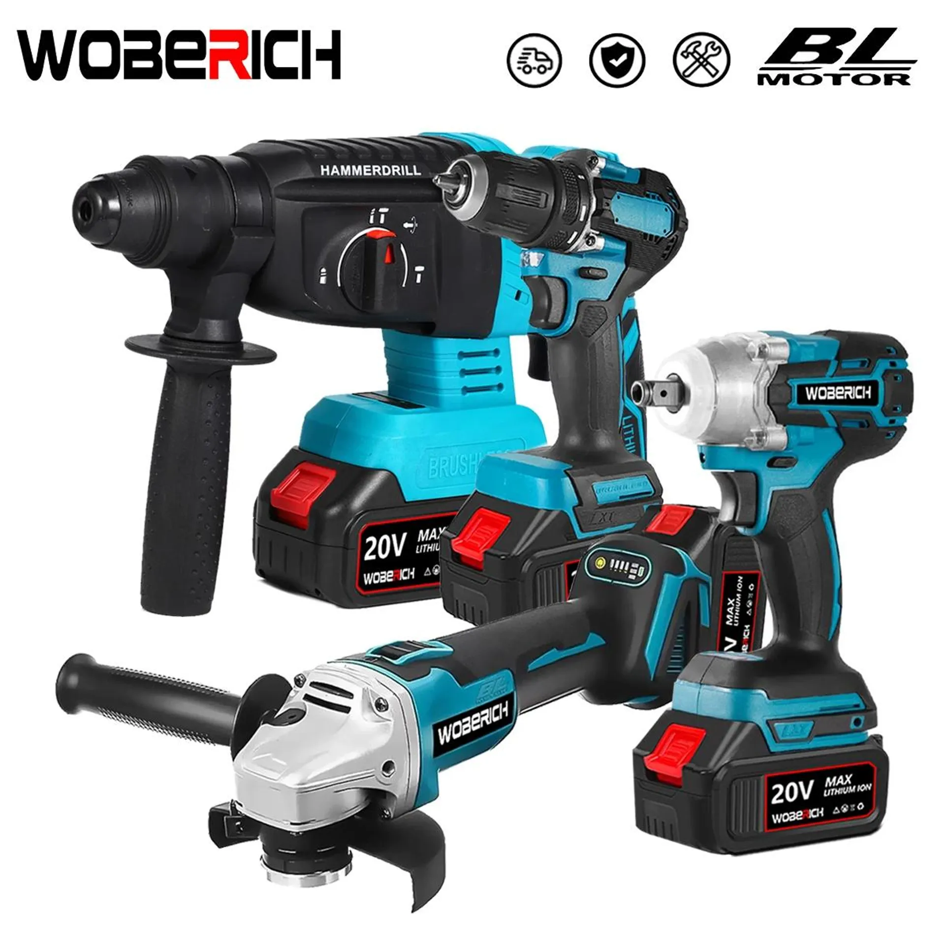 Brushless Rotary Hammer Electric Angle Grinder Impact Wrench Impact Drill Combo Kit Power Tool Sets With Rechargeable Battery