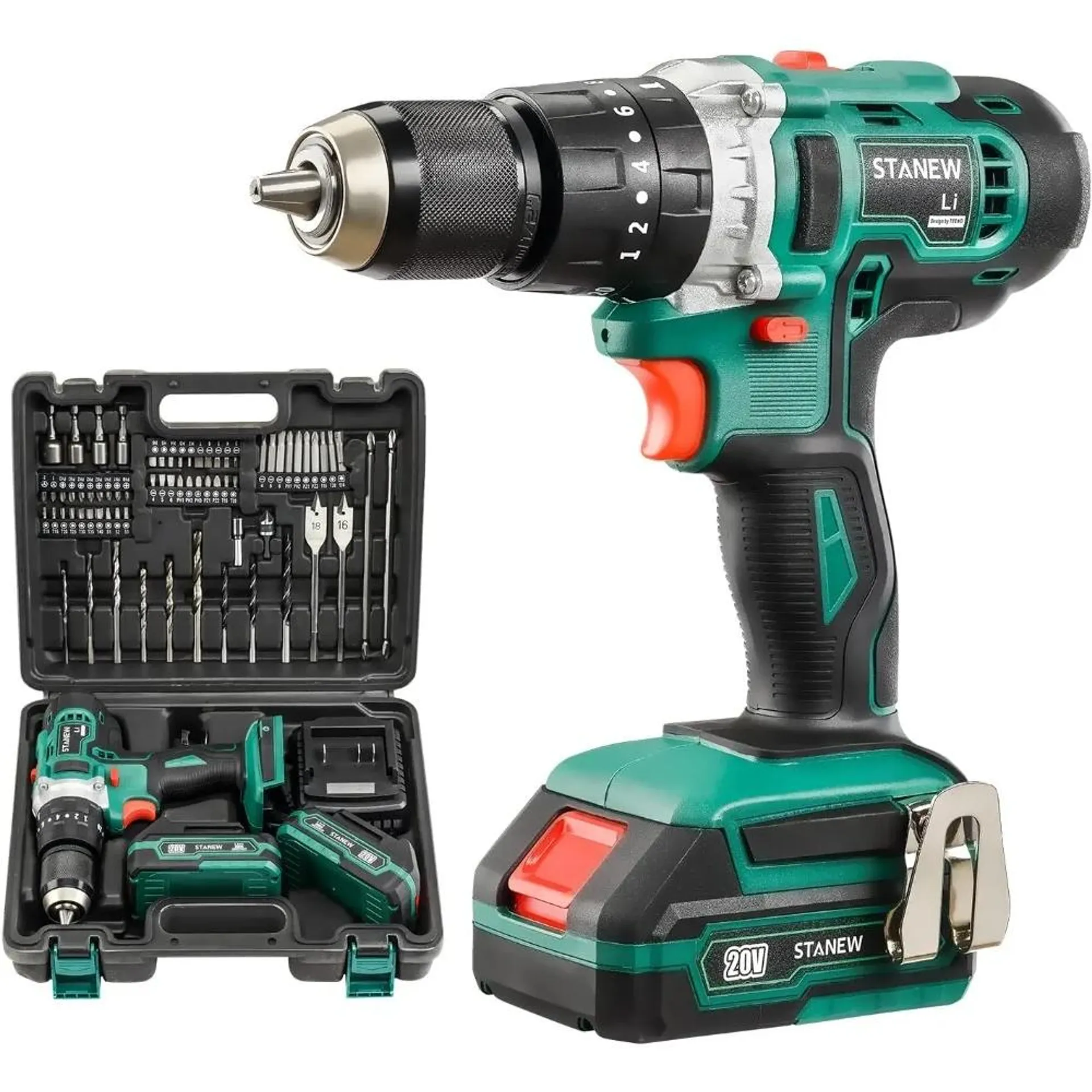 Cordless Hammer Drill Driver Set, Hammer Drill with 2 20V 2.0Ah Li-ion Battery, 1/2" Metal Keyless Chuck 2 Variable Speed 20+3