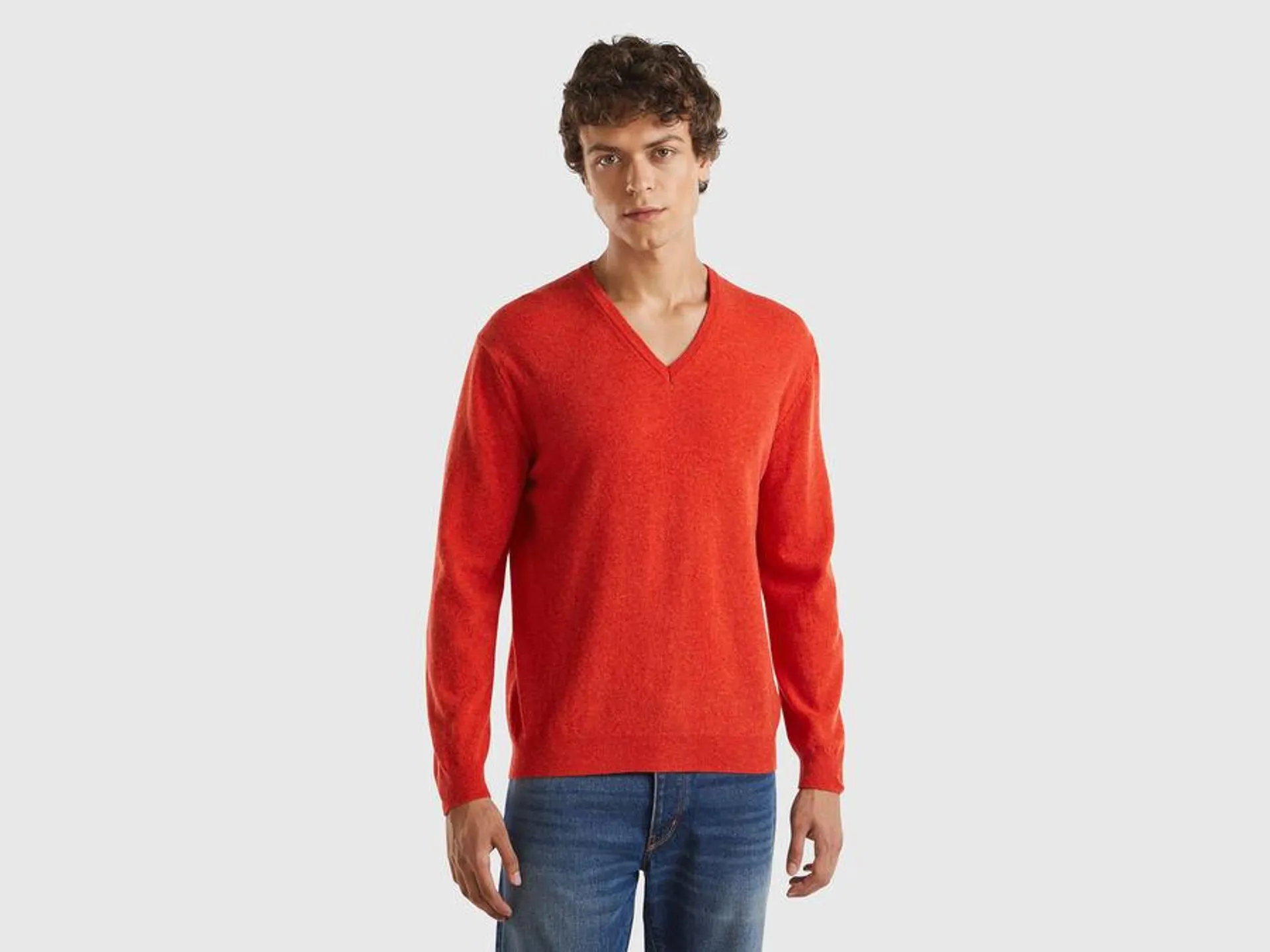 Marl orange V-neck sweater in pure Merino wool