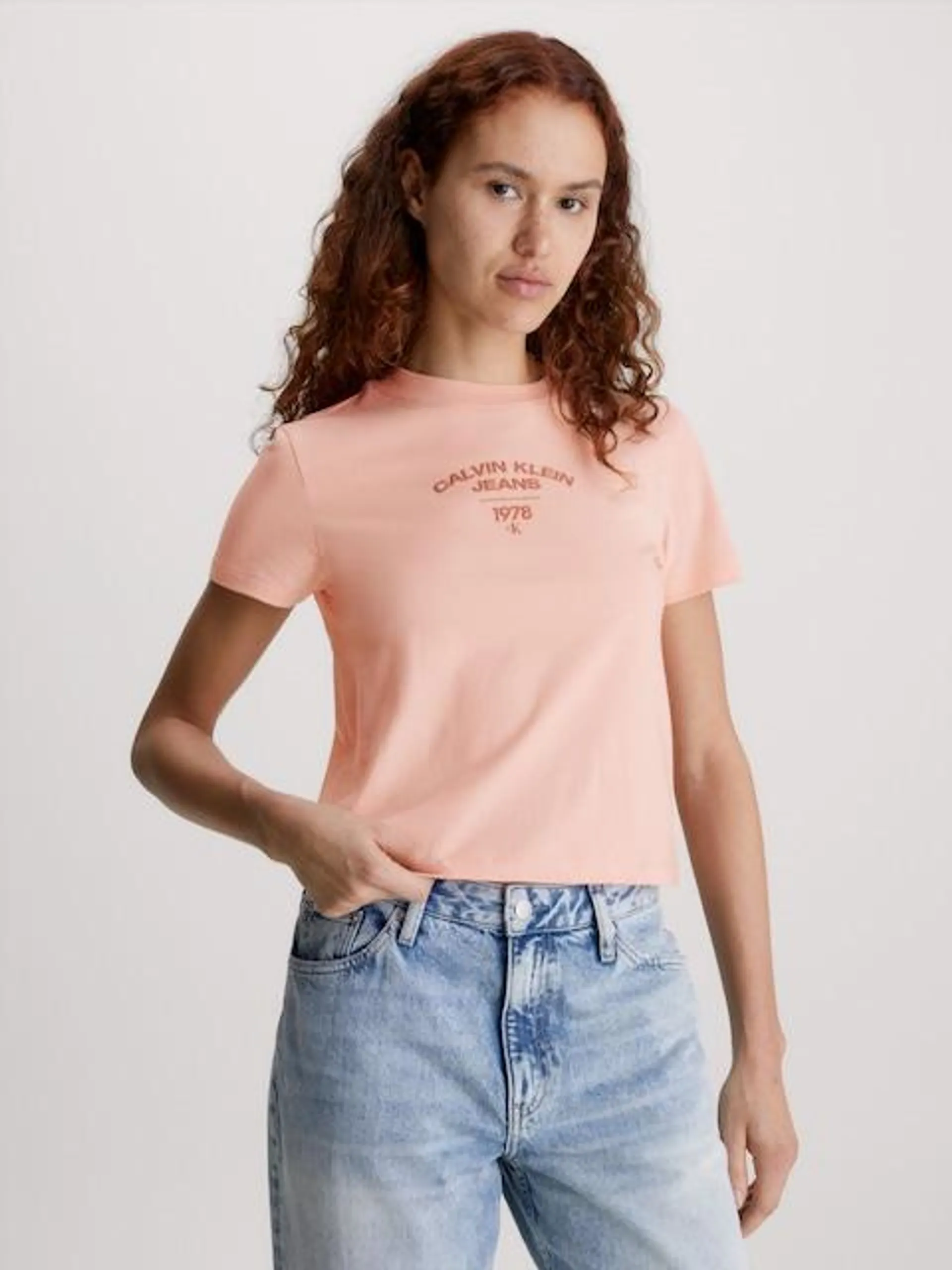 Calvin Klein Varsity Logo Baby Tee In Faint Blossom