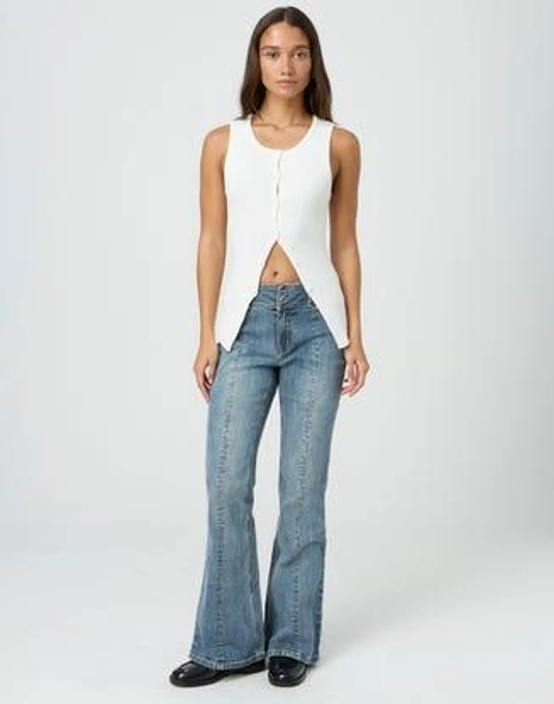 Large Waistband Mid Rise Flare Jean