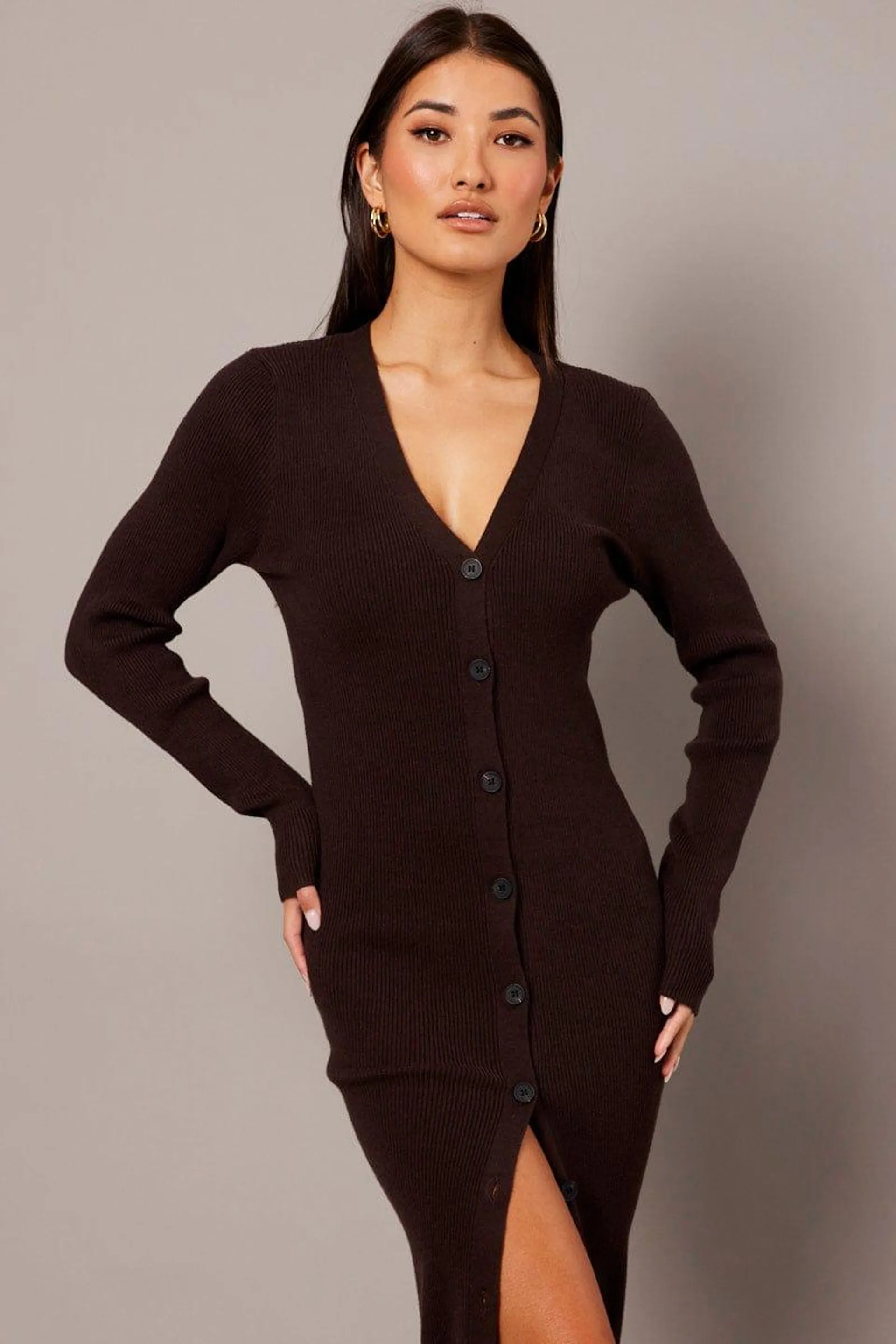 Brown Knit Dress Long Sleeve Button Front