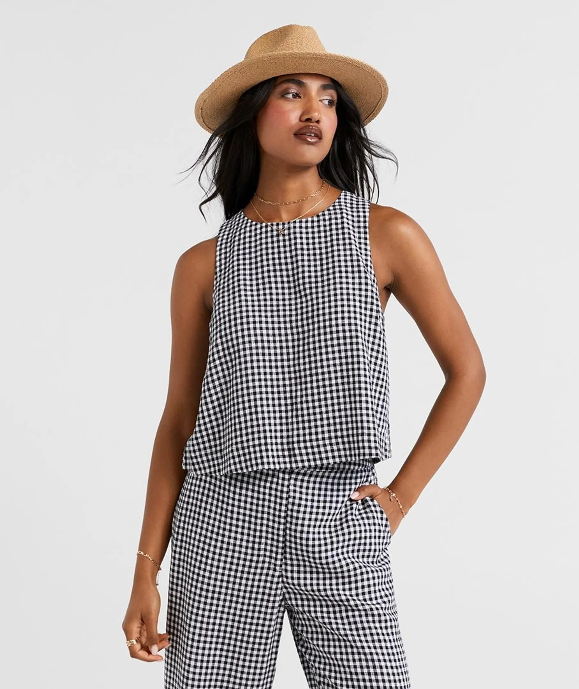 KERBIE LINEN BLEND GINGHAM SLEEVELESS TOP