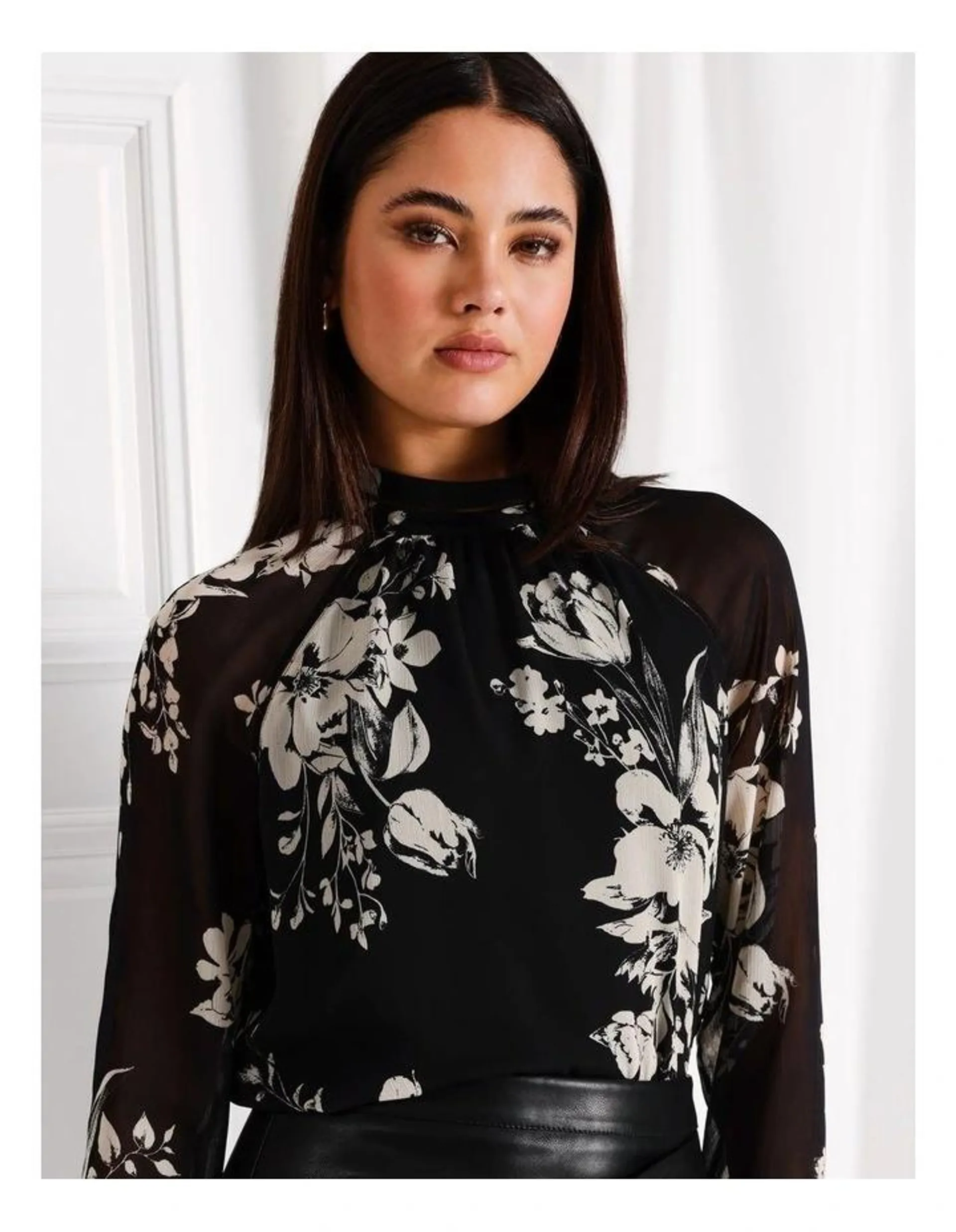 Ladder Trim Detail Raglan Sleeve Blouse in Black