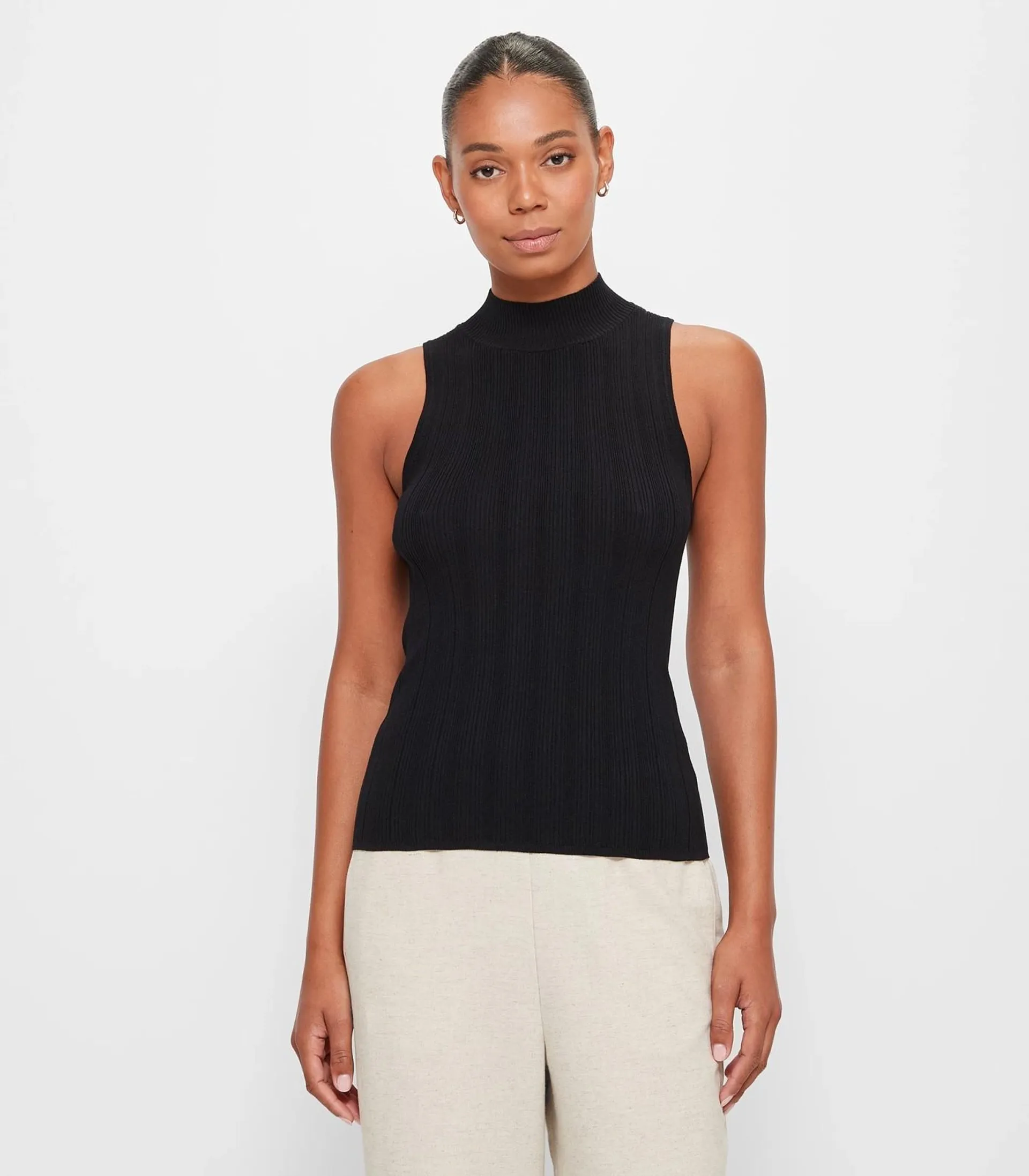 Sleeveless Mock Neck Variegated Knit Top - Preview - Black