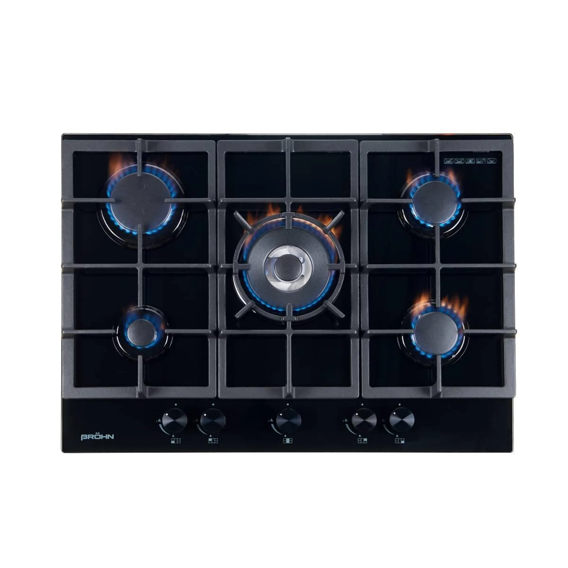 Brohn 70cm Gas Cooktop 5 Burners Black Glass BRG7000BLK